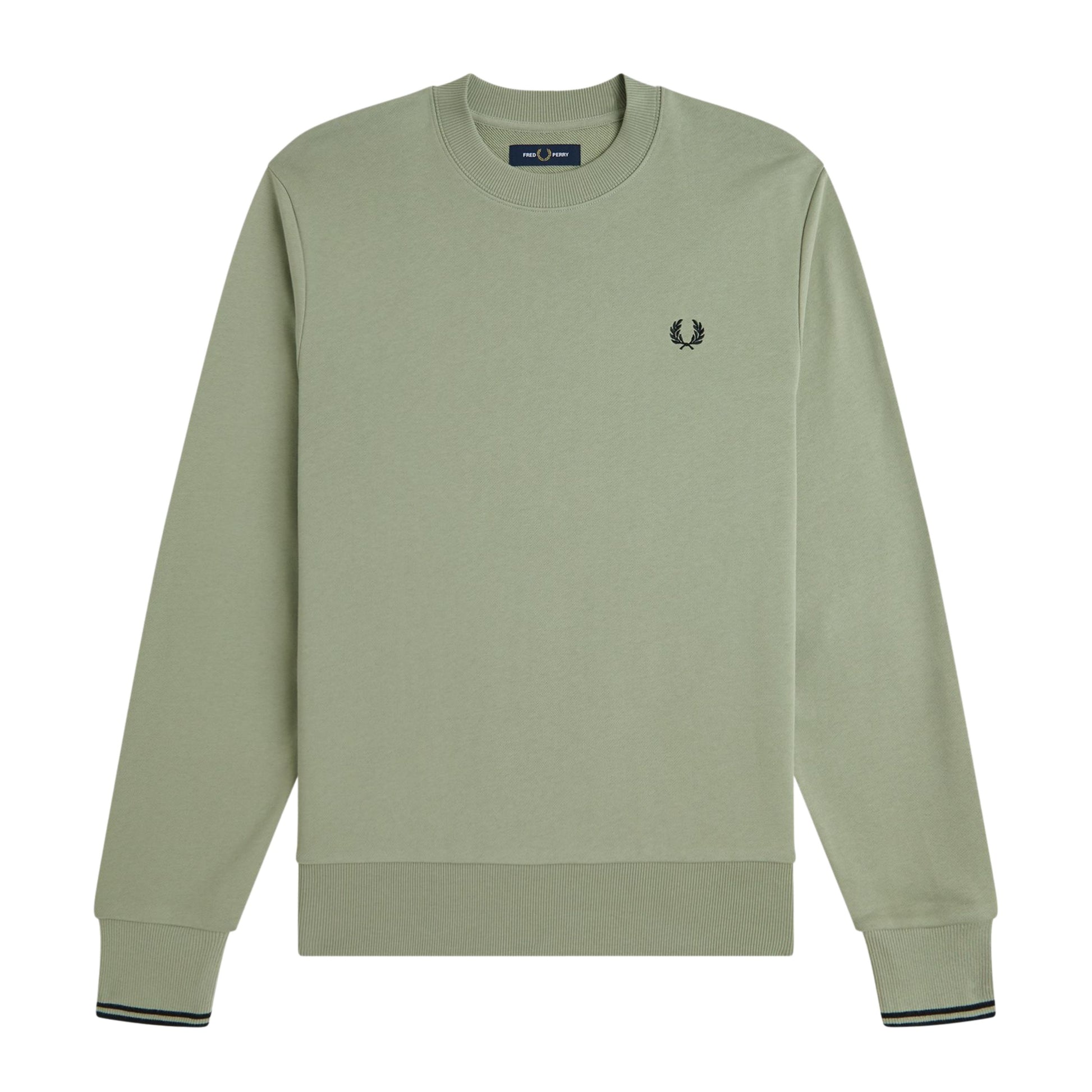 Sweat para homem Fred Perry Crew Neck em Seagrass/Preto. Foto da parte da frente.