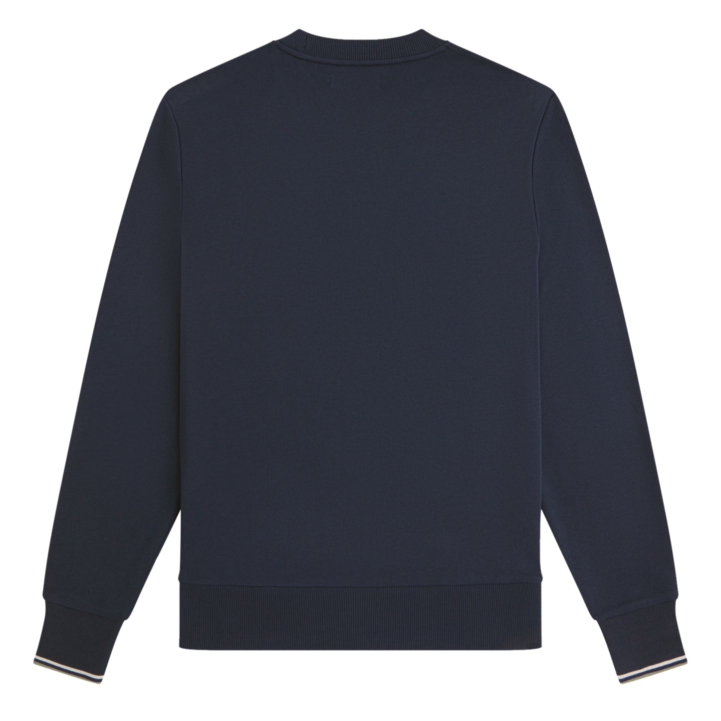 Sweat para homem Fred Perry Crew Neck em Dark Airforce / Ecru / Seagrass — detalhe do bordado Laurel Wreath no peito esquerdo sobre fundo Dark Airforce, textura do algodão loopback visível.