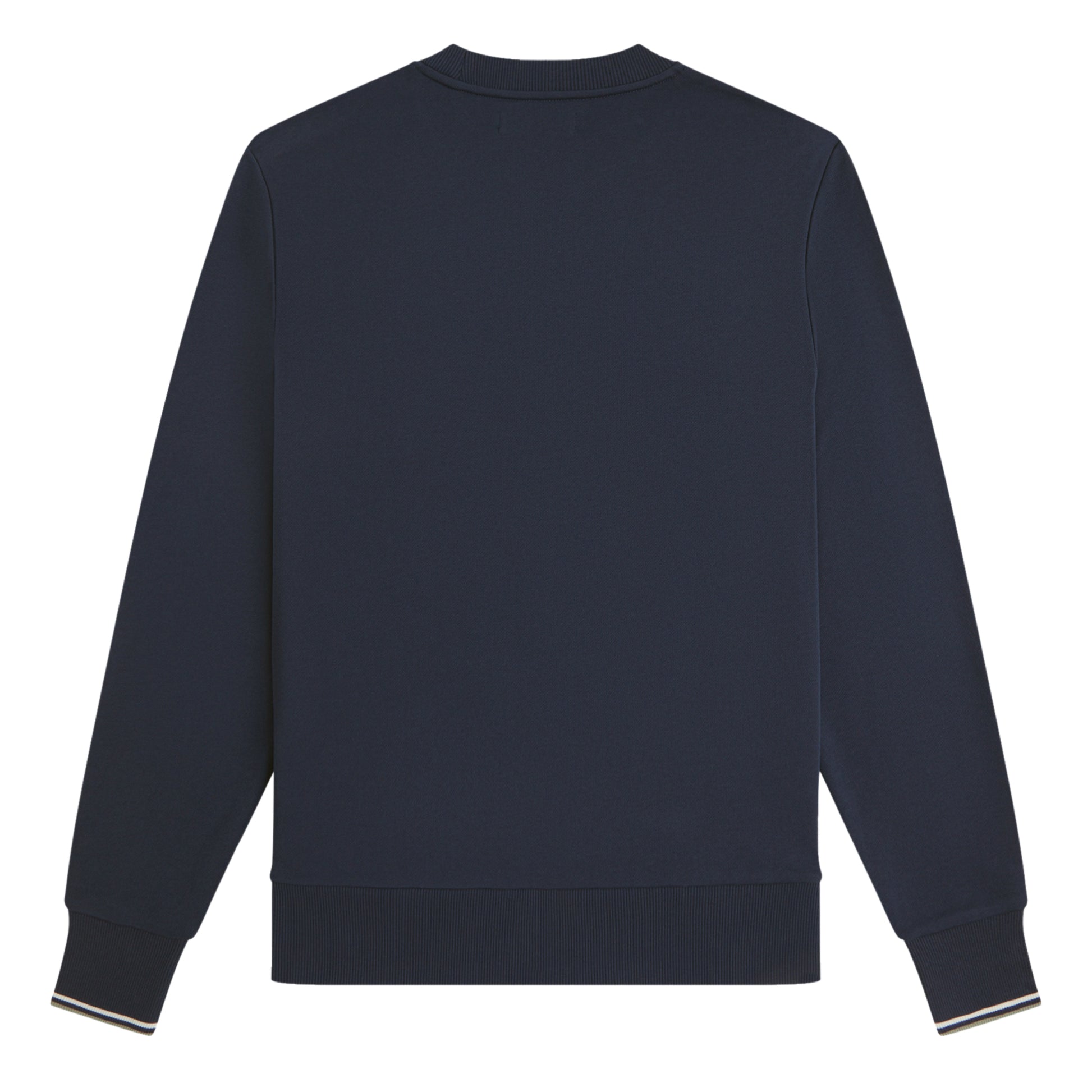 Sweat para homem Fred Perry Crew Neck em Dark Airforce / Ecru / Seagrass — detalhe do bordado Laurel Wreath no peito esquerdo sobre fundo Dark Airforce, textura do algodão loopback visível.