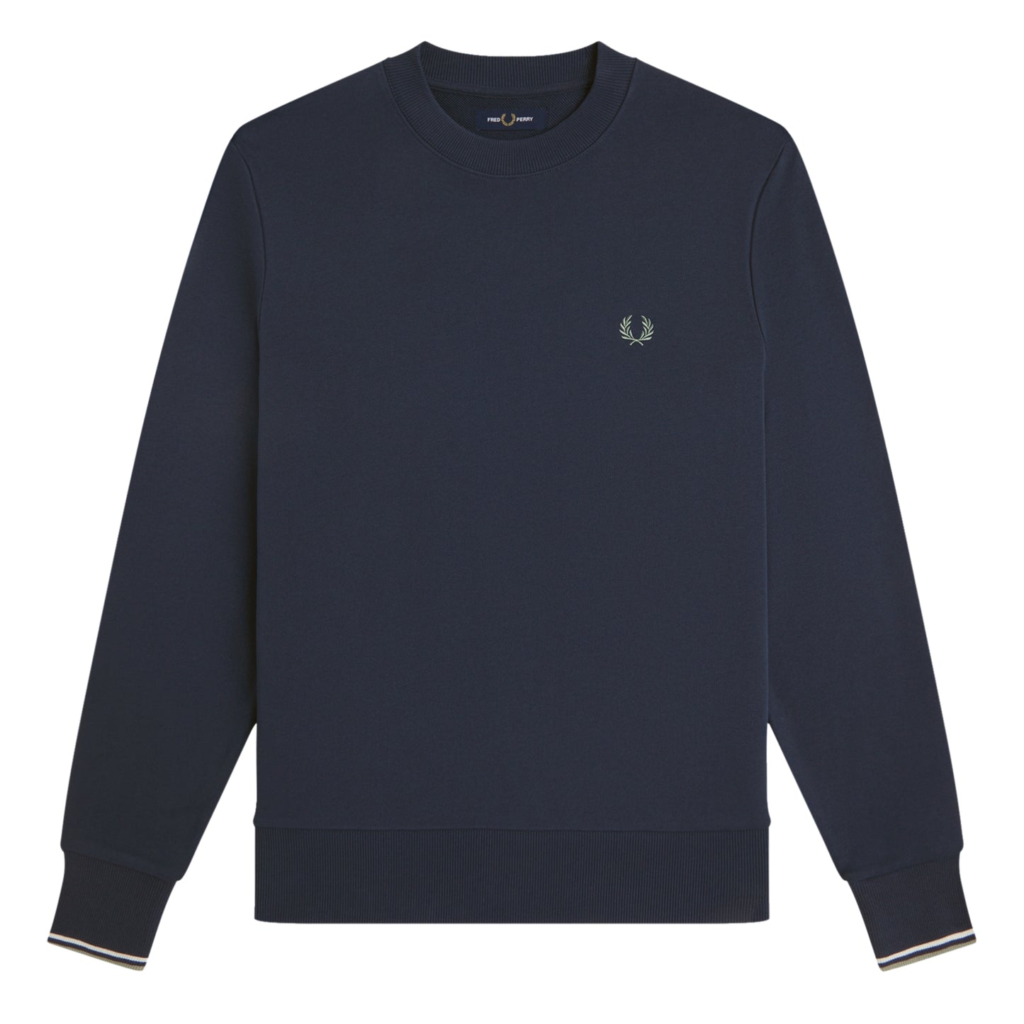 Sweat para homem Fred Perry Crew Neck em Dark Airforce / Ecru / Seagrass — produto sem modelo, vista traseira, costas limpas, acabamentos canelados na gola e bainha e twin tipping nos punhos visíveis.