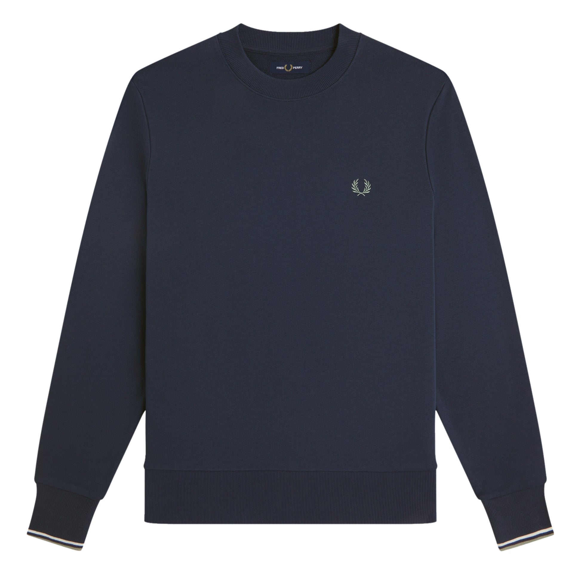 Sweat para homem Fred Perry Crew Neck em Dark Airforce / Ecru / Seagrass — produto sem modelo, vista traseira, costas limpas, acabamentos canelados na gola e bainha e twin tipping nos punhos visíveis.