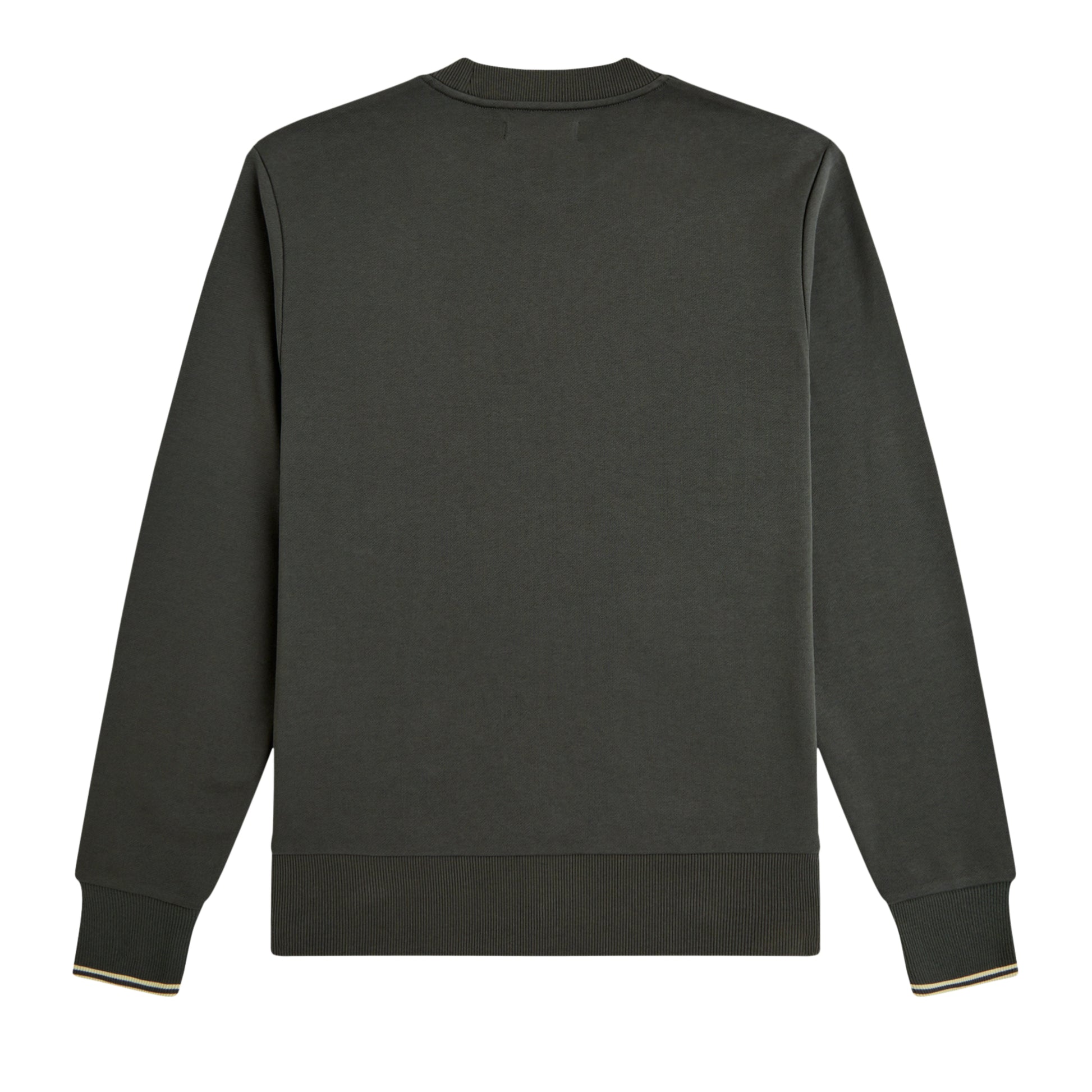 Vista traseira da sweat Fred Perry Crew Neck para homem em Field Green com bainha e punhos canelados.