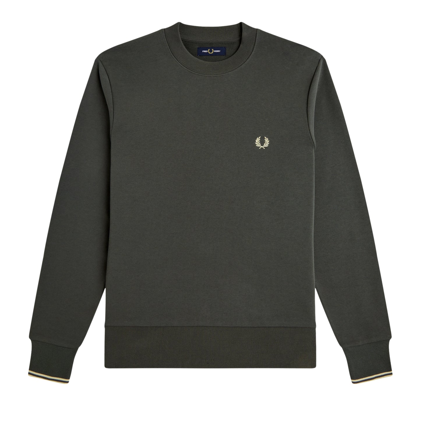 Sweat para homem Fred Perry Crew Neck em Field Green com logótipo Laurel Wreath bordado — vista frontal.