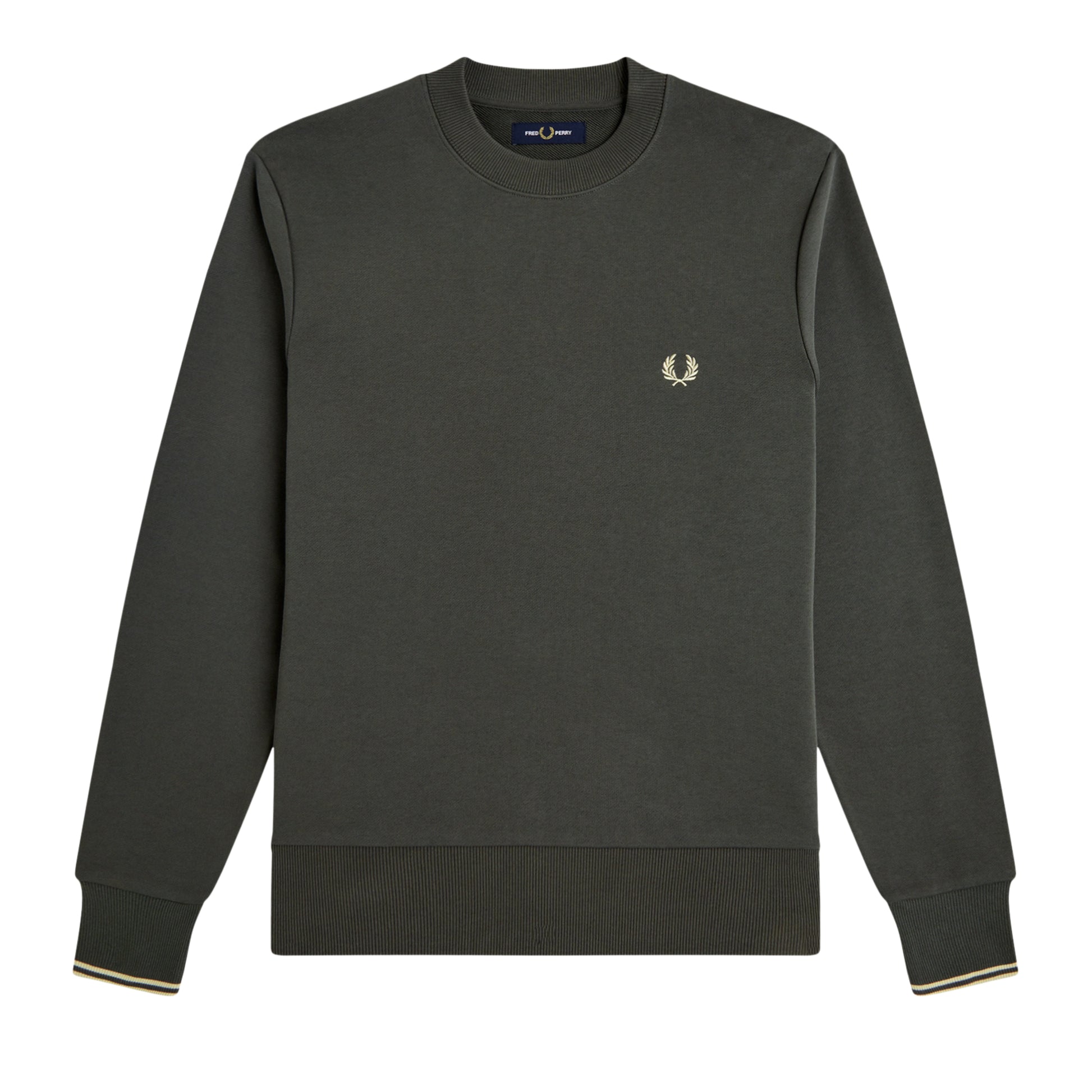 Sweat para homem Fred Perry Crew Neck em Field Green com logótipo Laurel Wreath bordado — vista frontal.