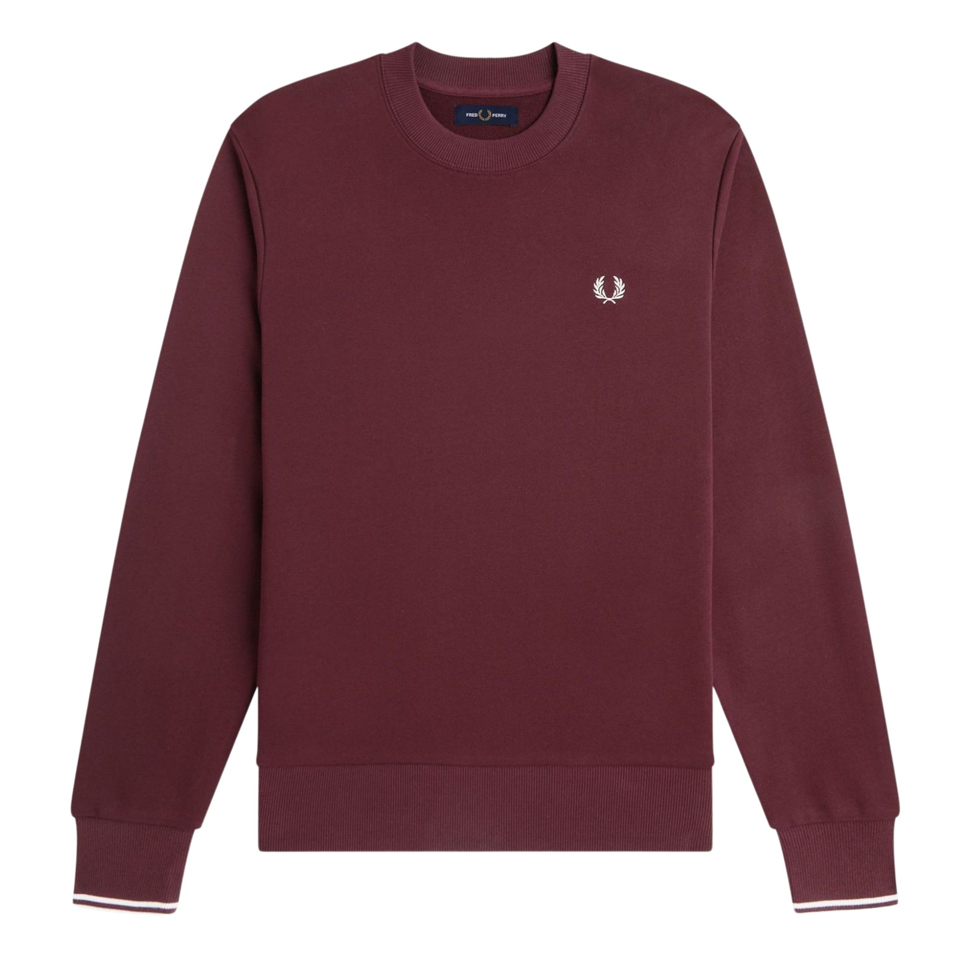 Sweat para homem Fred Perry Crew Neck em Oxblood/Ecru. Foto da parte da frente.