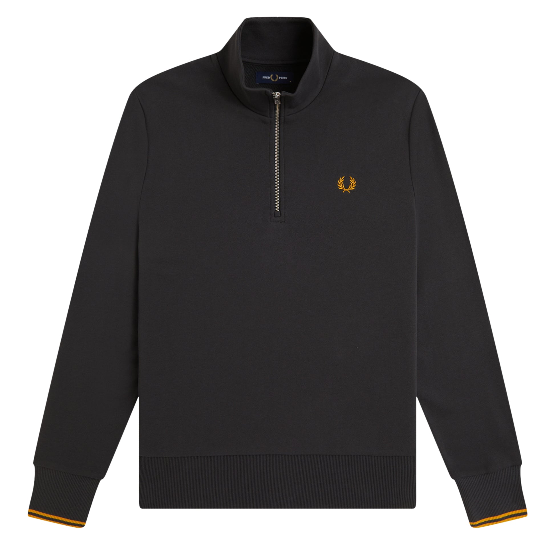 Sweat com meio-fecho Fred Perry Half Zip Sweatshirt em Anchor Grey — produto sem modelo, vista frontal, meio-fecho fechado, bordado Laurel Wreath em Golden no peito esquerdo, twin tipping Golden nos punhos e parte inferior.