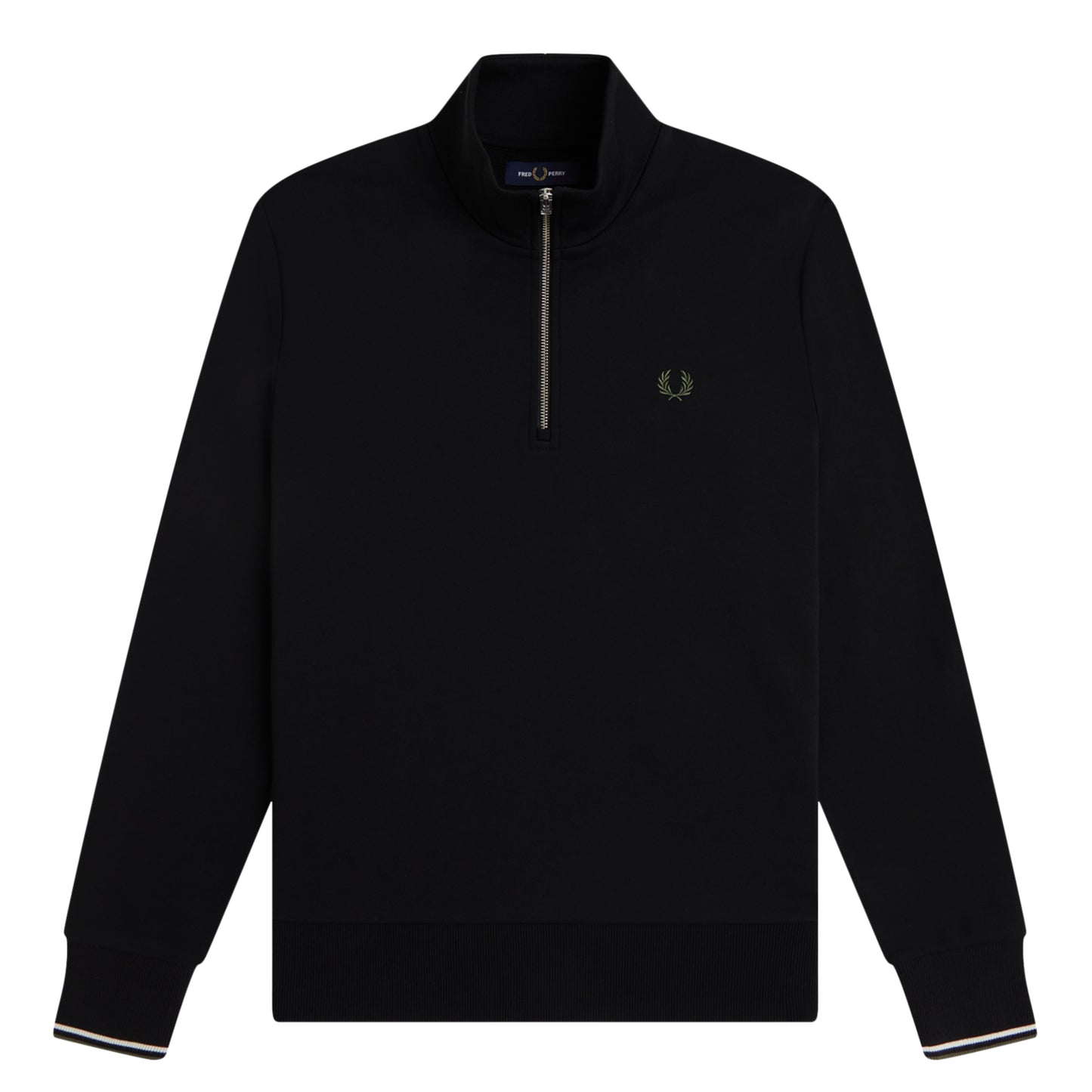 Sweat com meio-fecho Fred Perry Half Zip Sweatshirt em Black — produto sem modelo, vista traseira, costas limpas, gola alta e twin tipping Ecru/Laurel Wreath Green nos punhos visíveis.