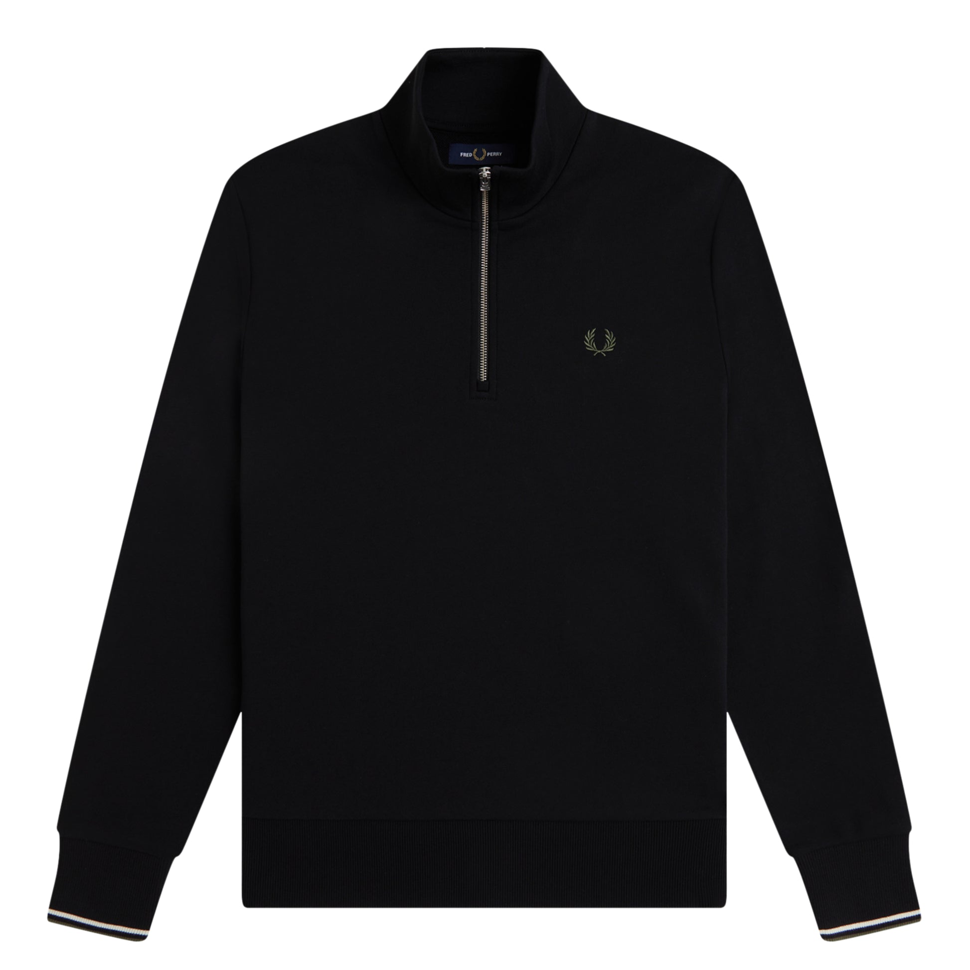 Sweat com meio-fecho Fred Perry Half Zip Sweatshirt em Black — produto sem modelo, vista traseira, costas limpas, gola alta e twin tipping Ecru/Laurel Wreath Green nos punhos visíveis.