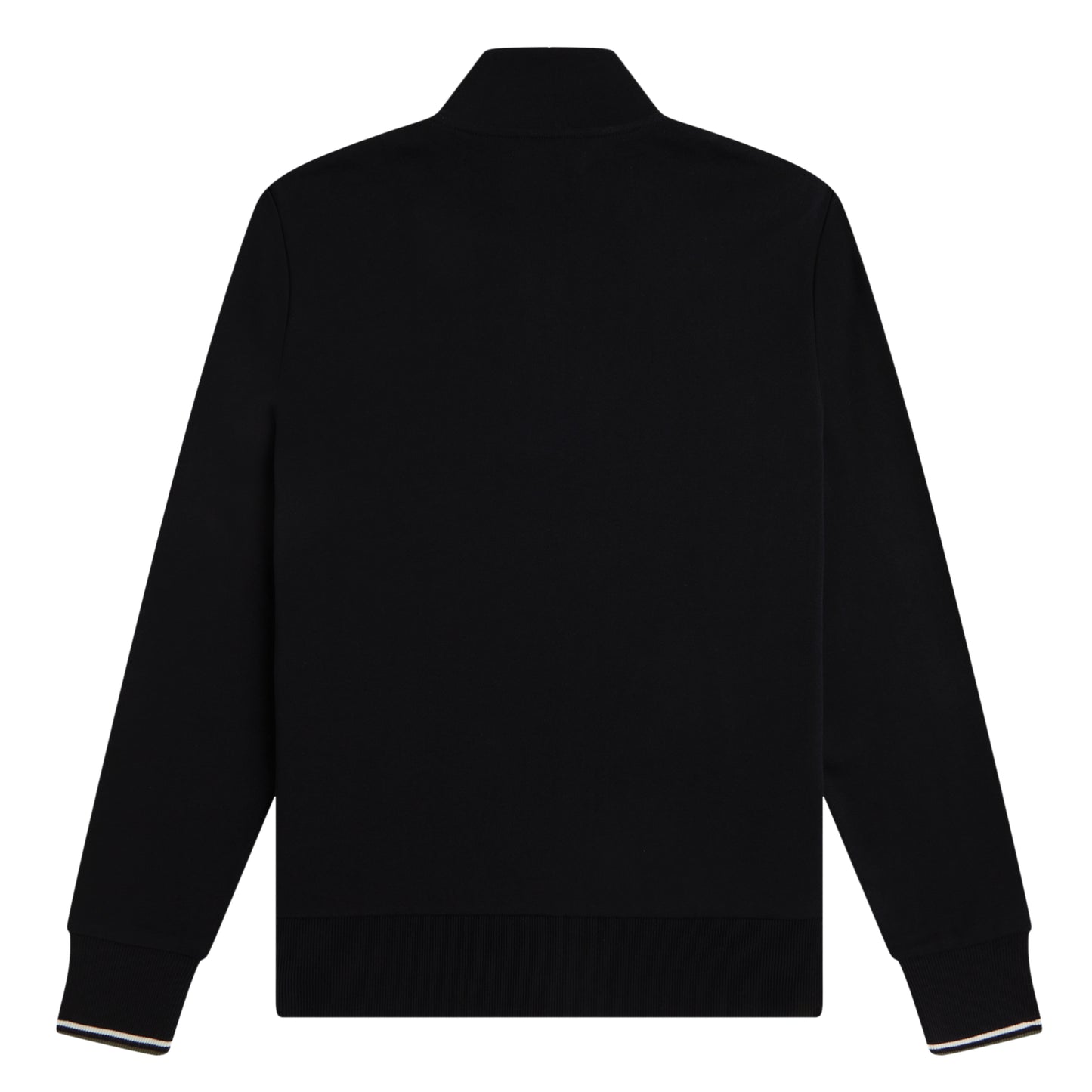 Sweat com meio-fecho Fred Perry Half Zip Sweatshirt em Black — detalhe do bordado Laurel Wreath em Laurel Wreath Green no peito esquerdo sobre fundo Black, textura do algodão de peso médio visível.