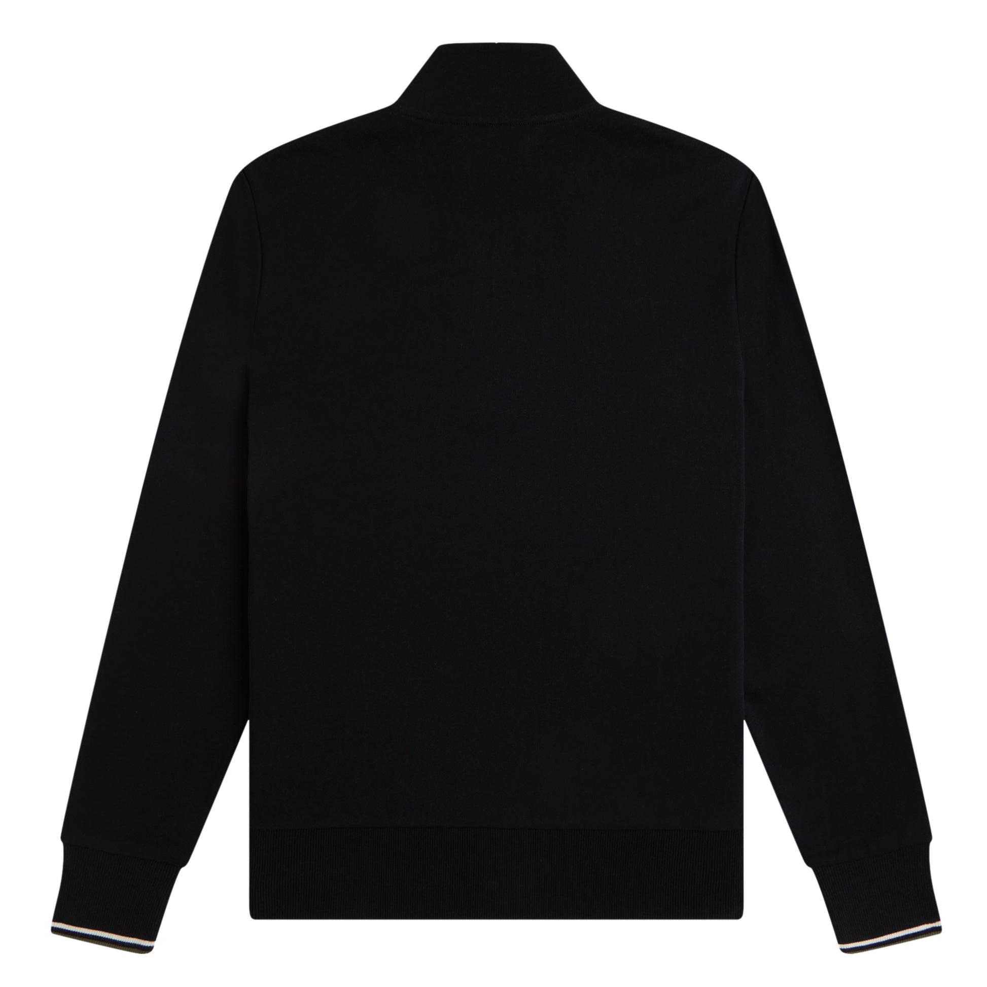 Sweat com meio-fecho Fred Perry Half Zip Sweatshirt em Black — detalhe do bordado Laurel Wreath em Laurel Wreath Green no peito esquerdo sobre fundo Black, textura do algodão de peso médio visível.