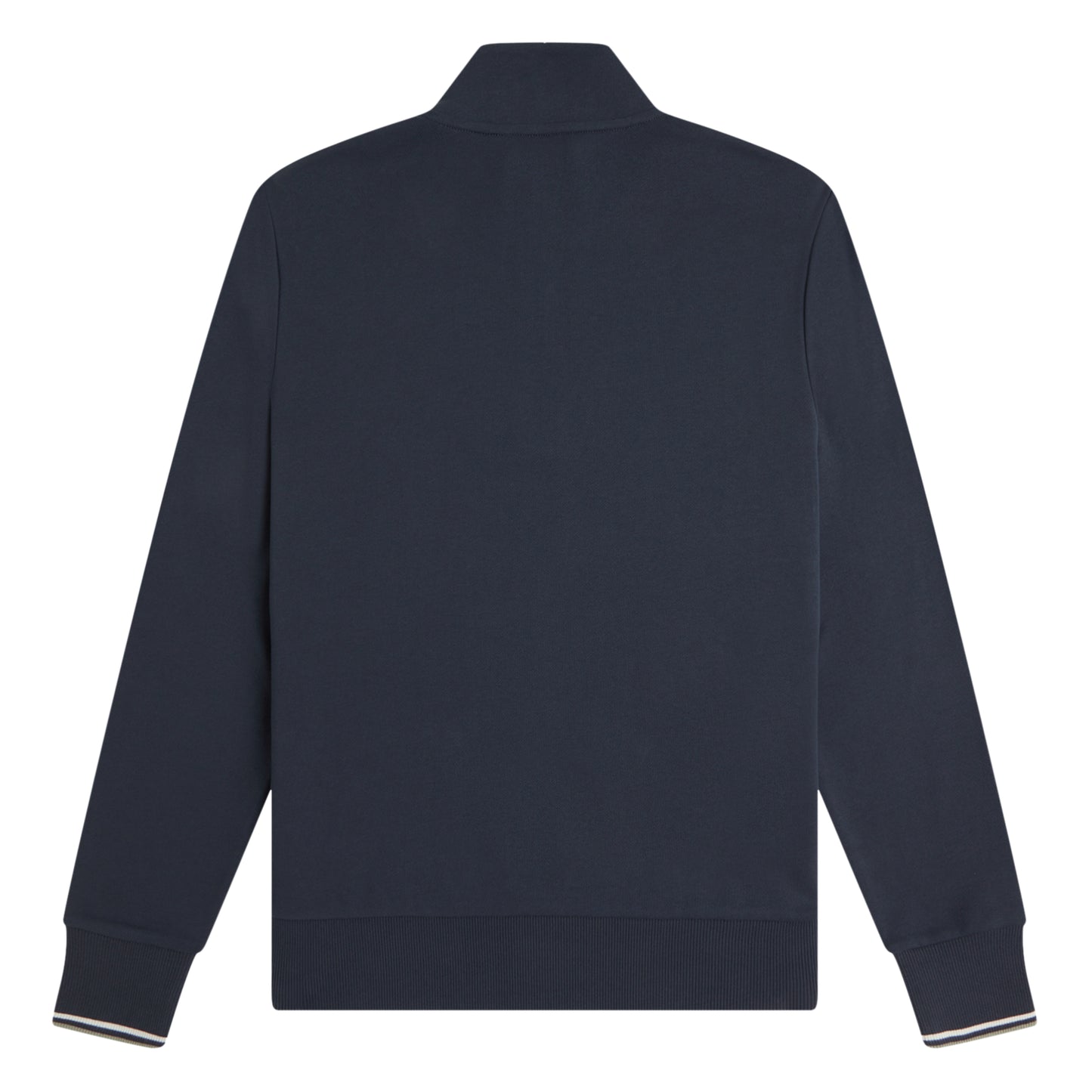 Sweat com meio-fecho Fred Perry Half Zip Sweatshirt em Dark Airforce — produto sem modelo, vista traseira, costas limpas, gola alta e twin tipping nos punhos visíveis.
