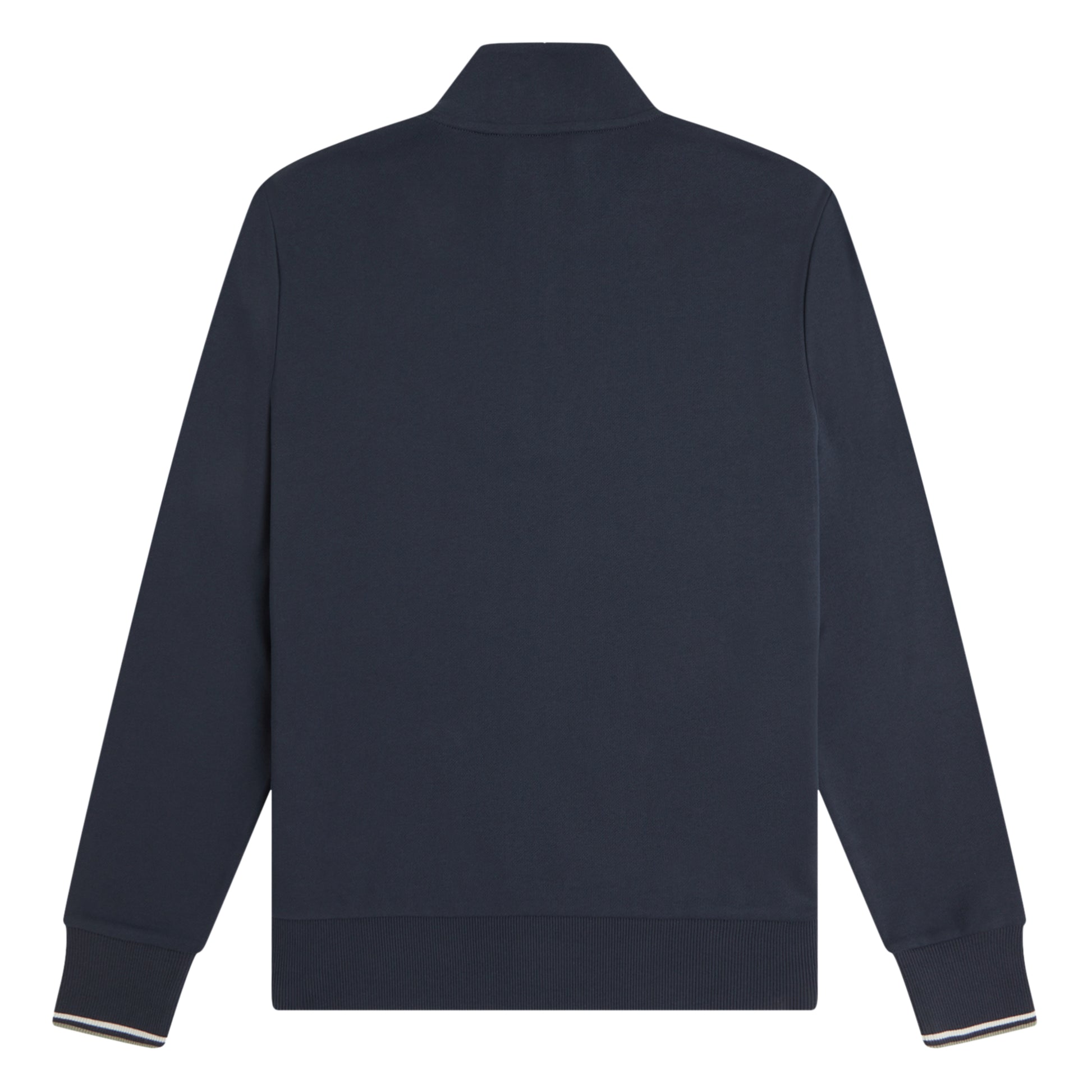 Sweat com meio-fecho Fred Perry Half Zip Sweatshirt em Dark Airforce — produto sem modelo, vista traseira, costas limpas, gola alta e twin tipping nos punhos visíveis.