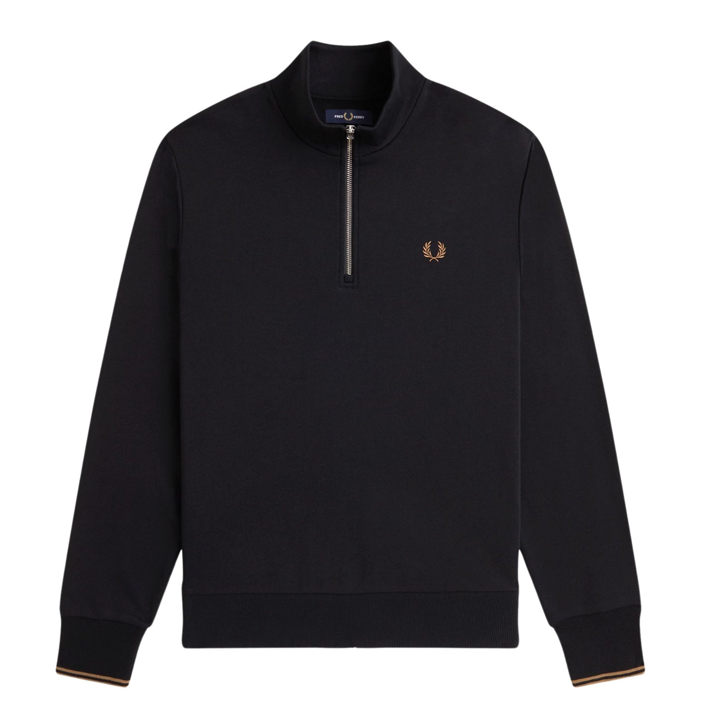 Sweat half zip para homem Fred Perry em Dark Black/Shaded Stone. Foto da parte da frente.