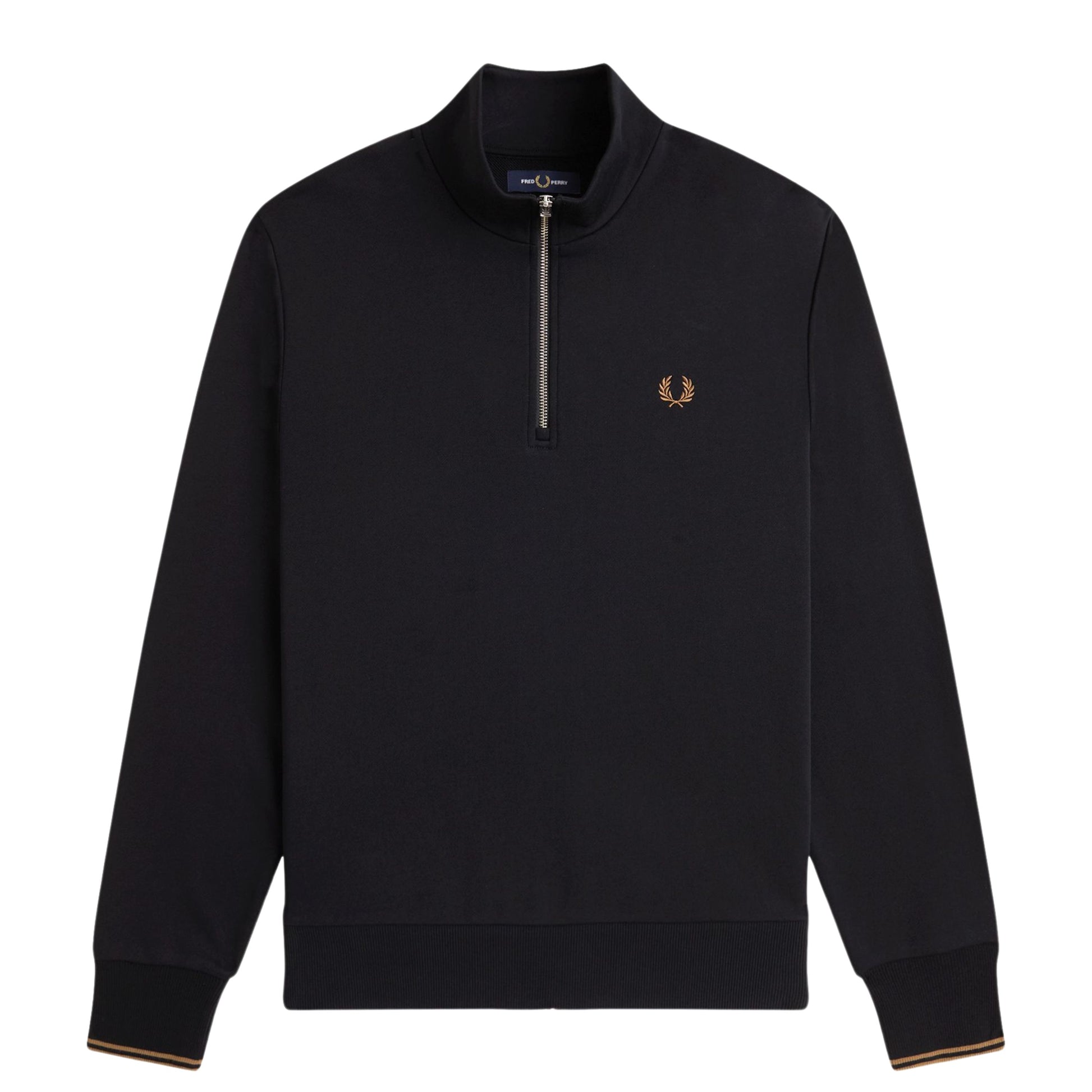 Sweat half zip para homem Fred Perry em Dark Black/Shaded Stone. Foto da parte da frente.