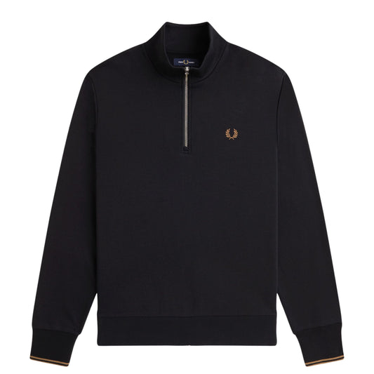 Sweat half zip para homem Fred Perry em Dark Black/Shaded Stone. Foto da parte da frente.