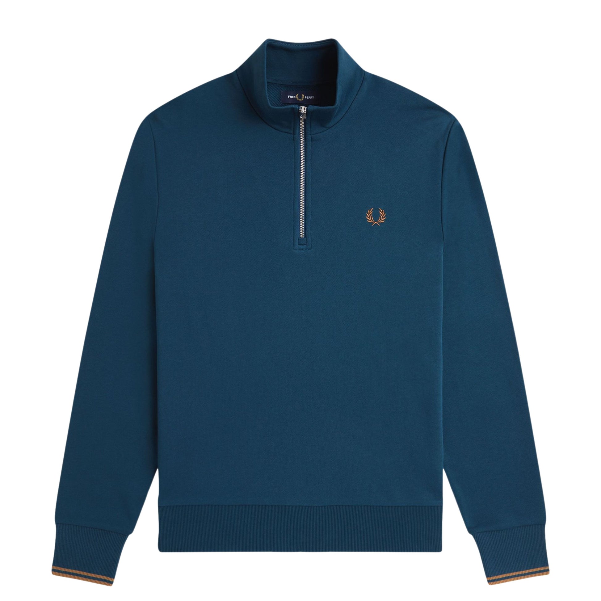 Sweat half zip para Homem Fred Perry em Dark Petrol/Shaded Stone. Foto da parte da frente.
