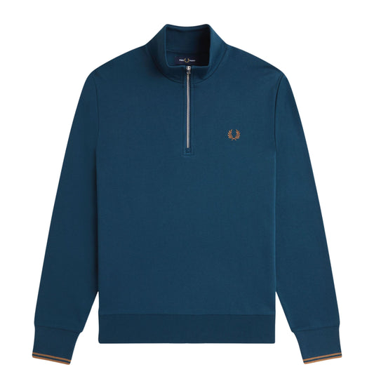 Sweat half zip para Homem Fred Perry em Dark Petrol/Shaded Stone. Foto da parte da frente.