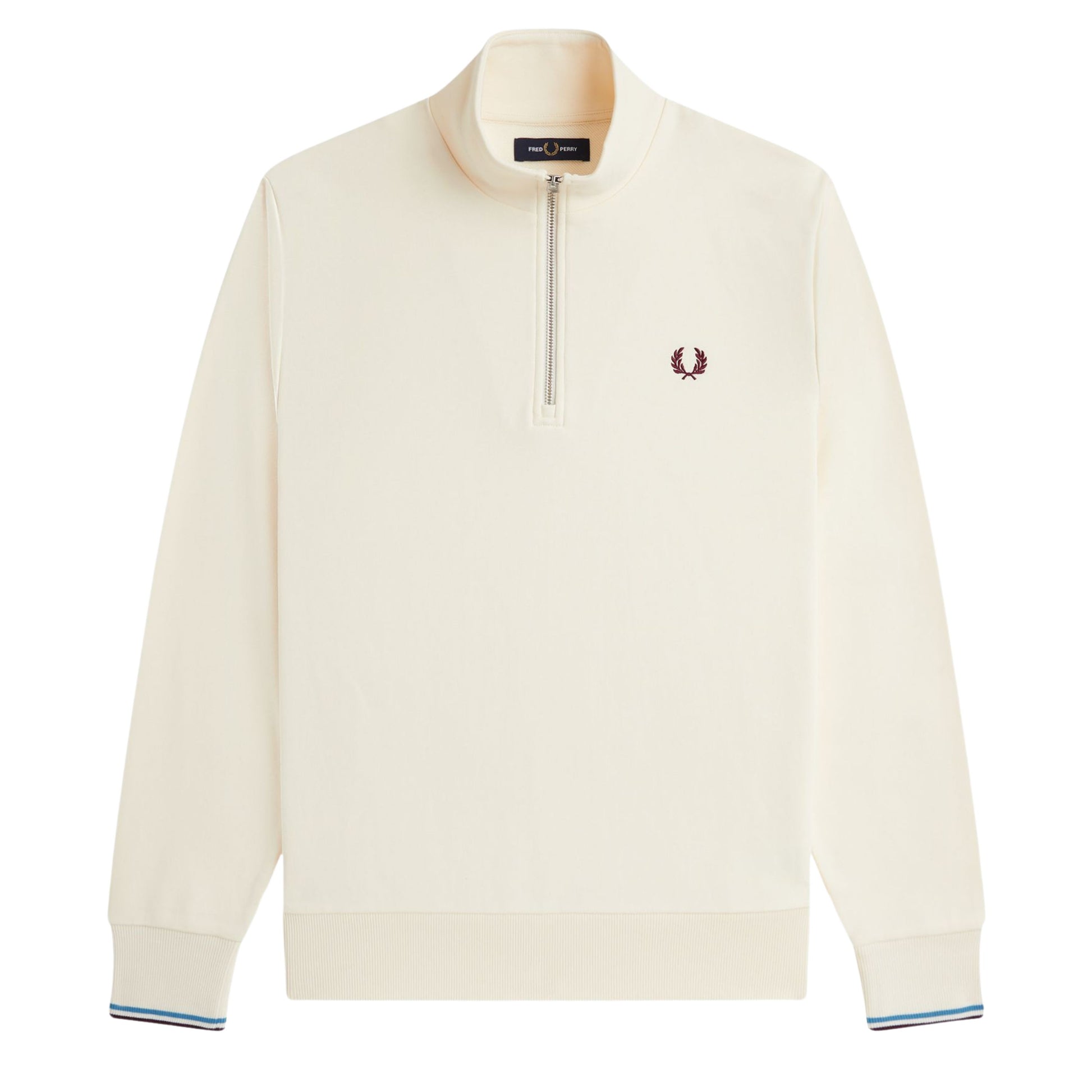 Sweat half zip para homem Fred Perry em Ecru/Court Blue/Oxblood. Foto da parte da frente.