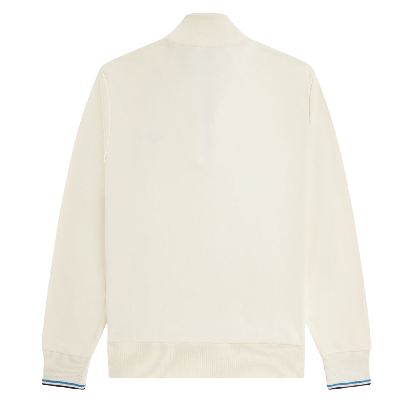 Sweat half zip para homem Fred Perry em Ecru/Court Blue/Oxblood. Foto da parte de trás.