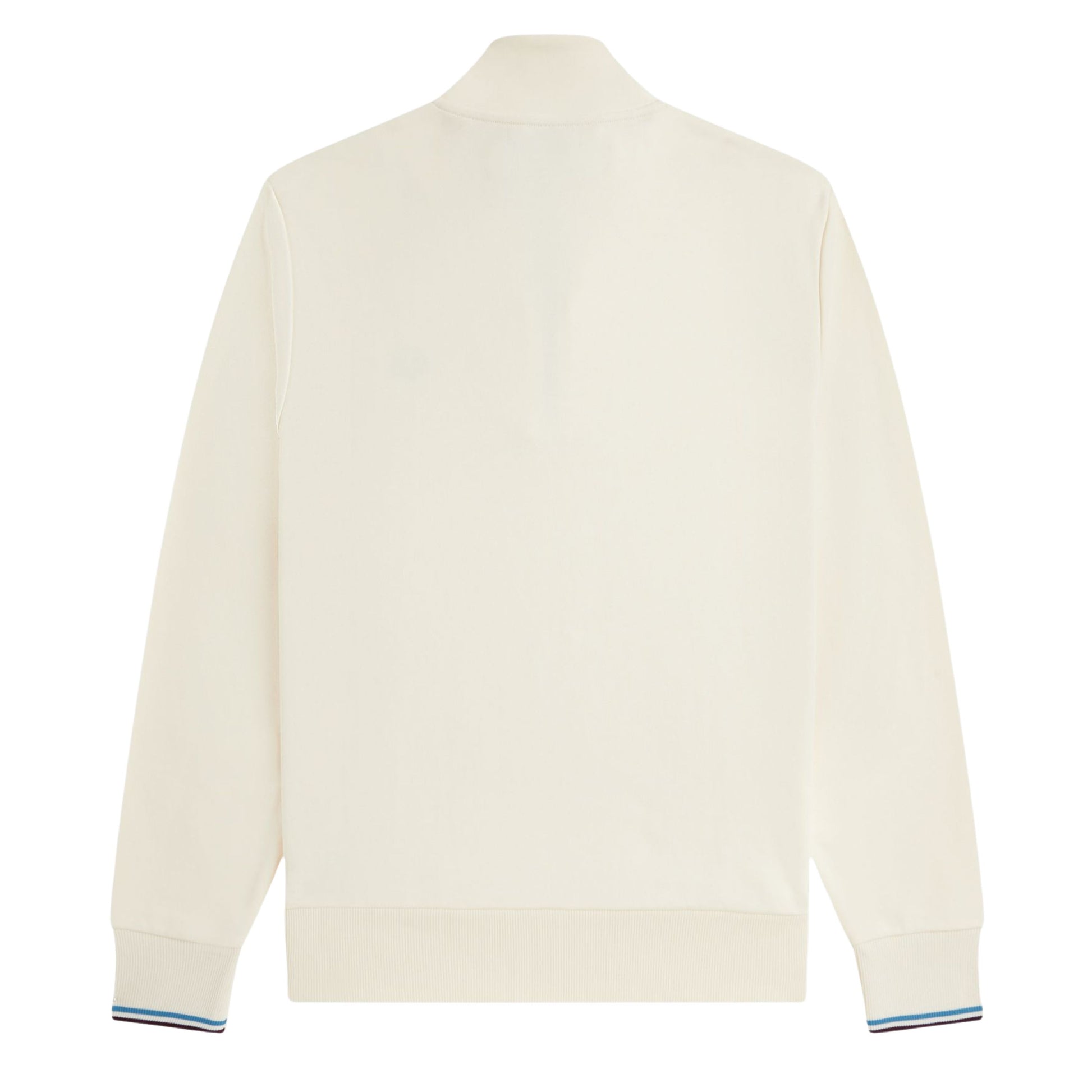 Sweat half zip para homem Fred Perry em Ecru/Court Blue/Oxblood. Foto da parte de trás.