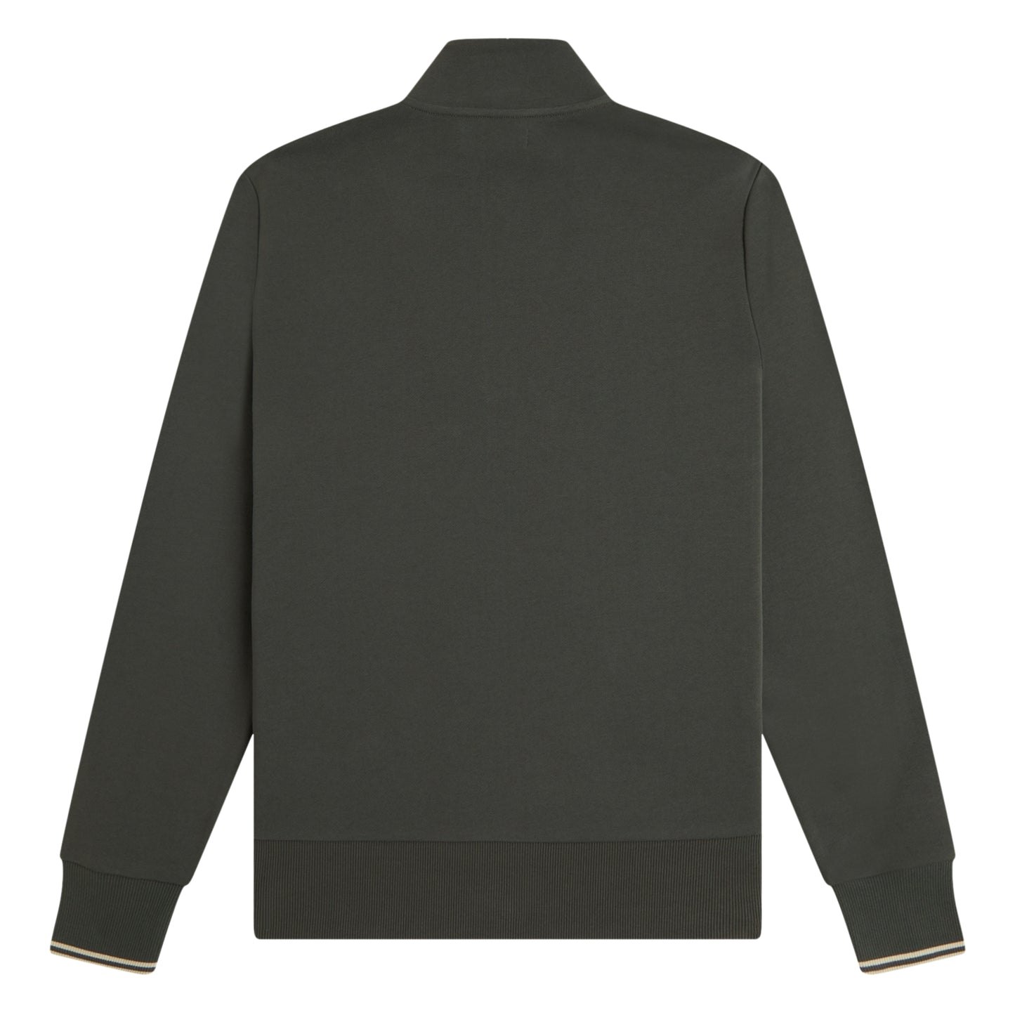 Sweat com meio-fecho Fred Perry Half Zip Sweatshirt em Field Green — produto sem modelo, vista traseira, costas limpas, gola alta, nervuras na parte inferior e twin tipping Oatmeal nos punhos visíveis.