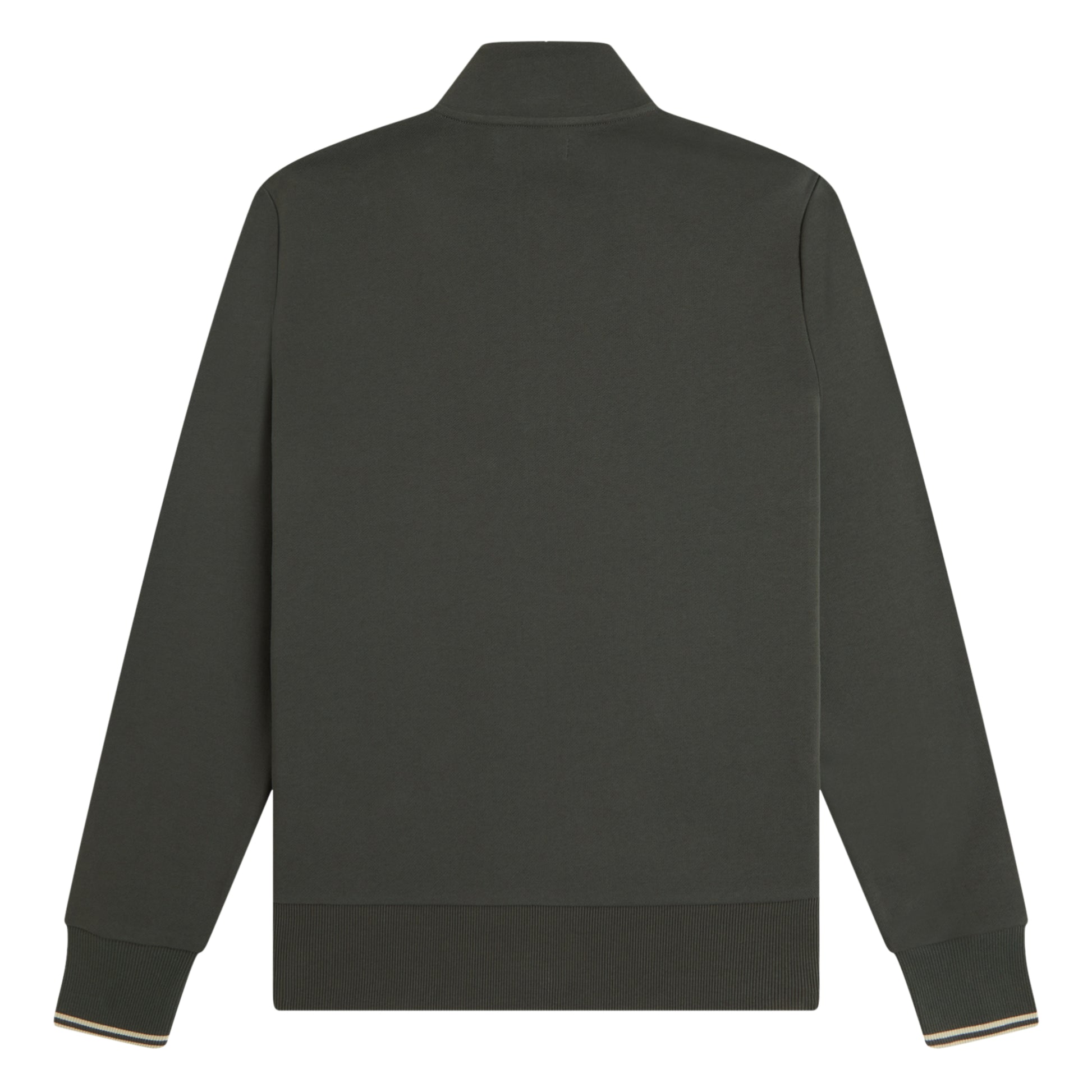 Sweat com meio-fecho Fred Perry Half Zip Sweatshirt em Field Green — produto sem modelo, vista traseira, costas limpas, gola alta, nervuras na parte inferior e twin tipping Oatmeal nos punhos visíveis.