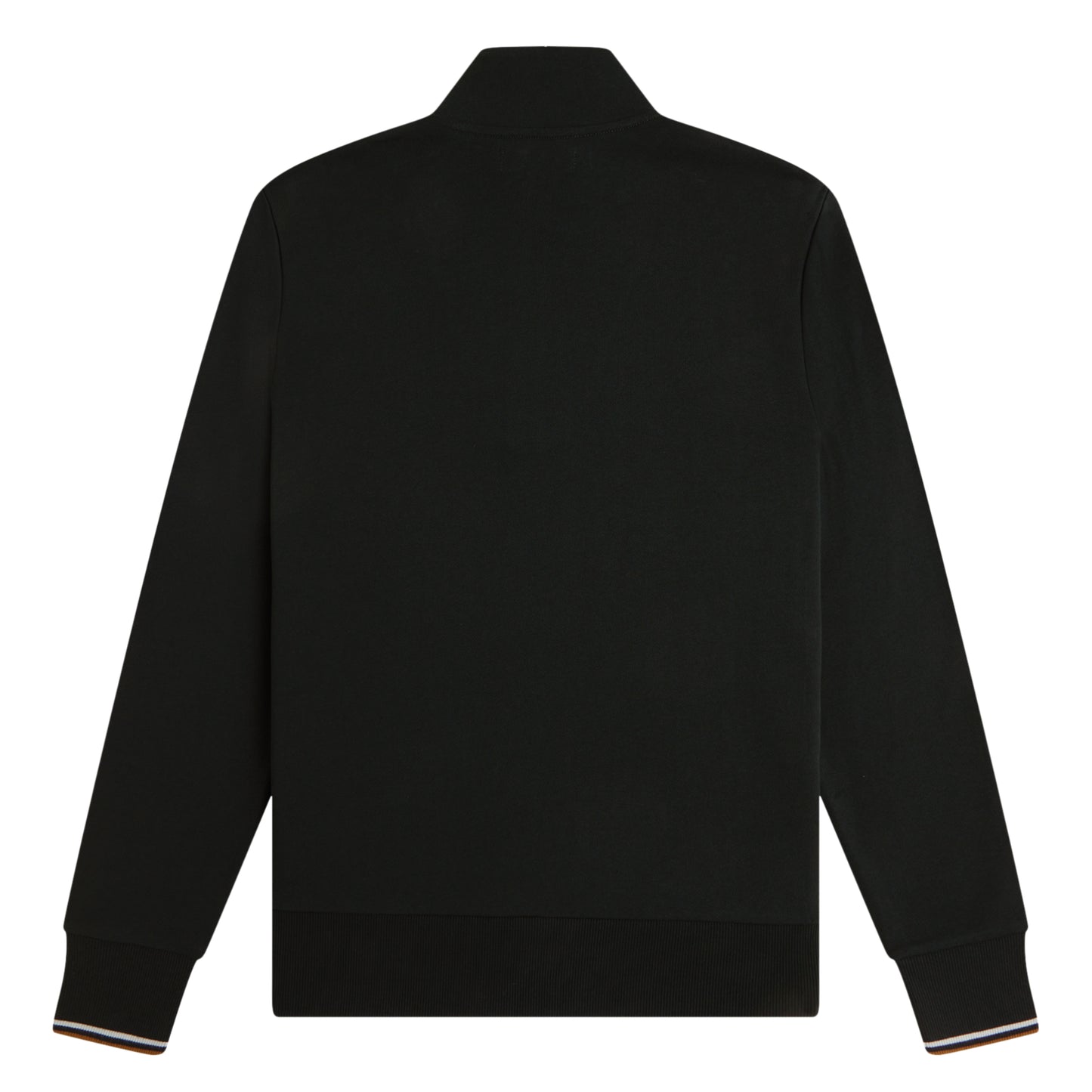 Sweat com meio-fecho Fred Perry Half Zip Sweatshirt em Night Green — produto sem modelo, vista traseira, costas limpas, gola alta e twin tipping Dusky Blue/Dark Caramel nos punhos visíveis.