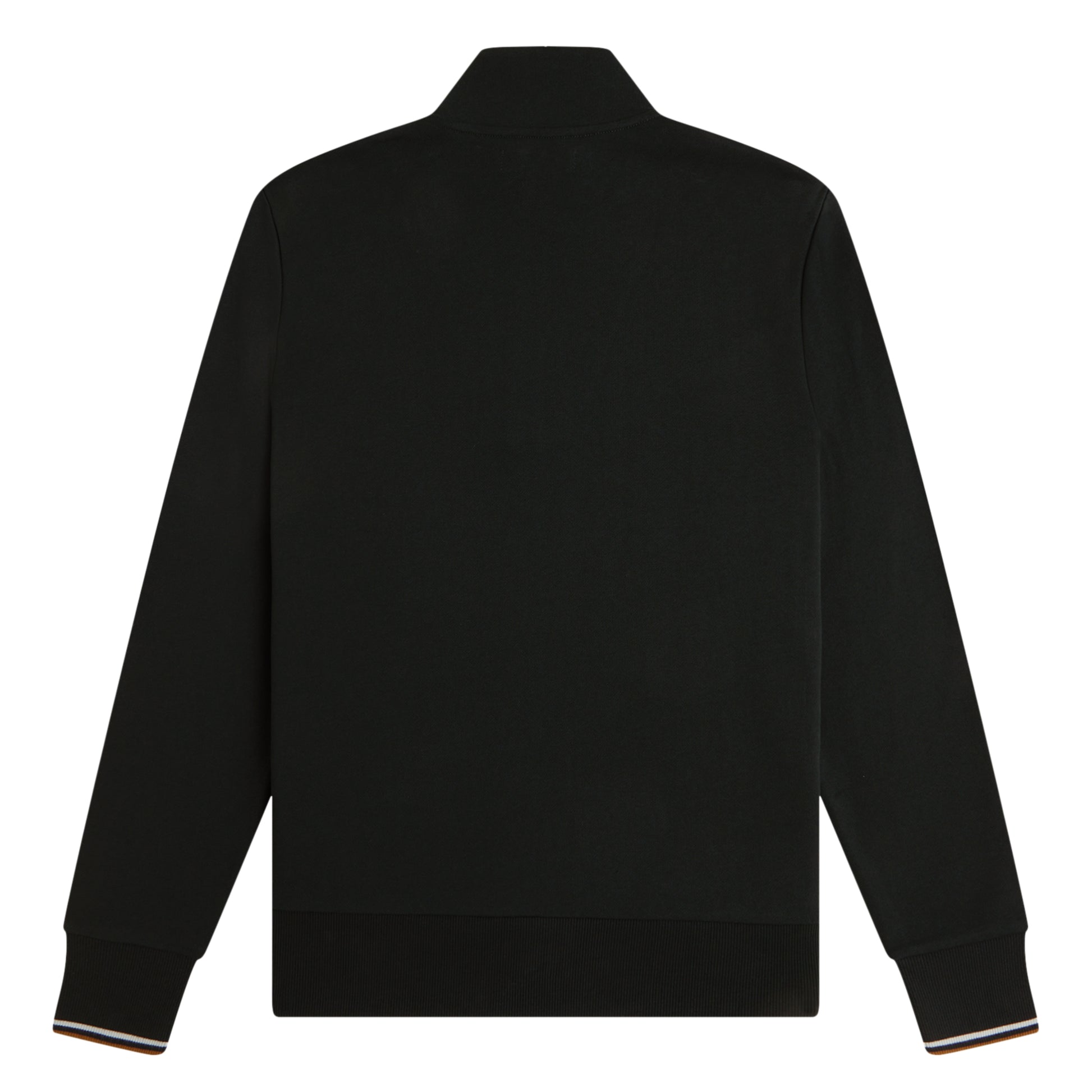 Sweat com meio-fecho Fred Perry Half Zip Sweatshirt em Night Green — produto sem modelo, vista traseira, costas limpas, gola alta e twin tipping Dusky Blue/Dark Caramel nos punhos visíveis.