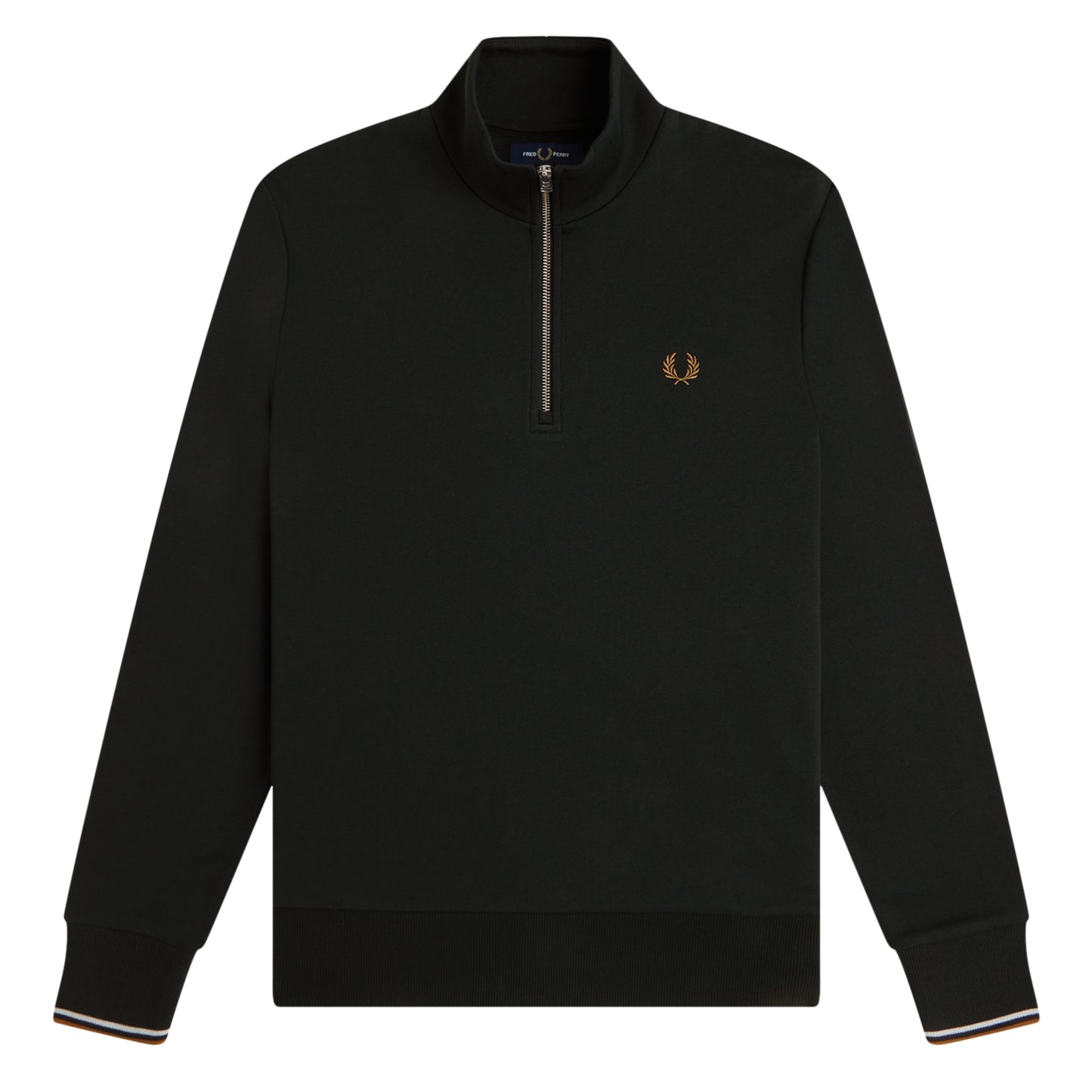 Sweat com meio-fecho Fred Perry Half Zip Sweatshirt em Night Green — produto sem modelo, vista frontal, meio-fecho fechado, bordado Laurel Wreath em Dark Caramel no peito esquerdo, twin tipping Dusky Blue/Dark Caramel nos punhos e parte inferior.