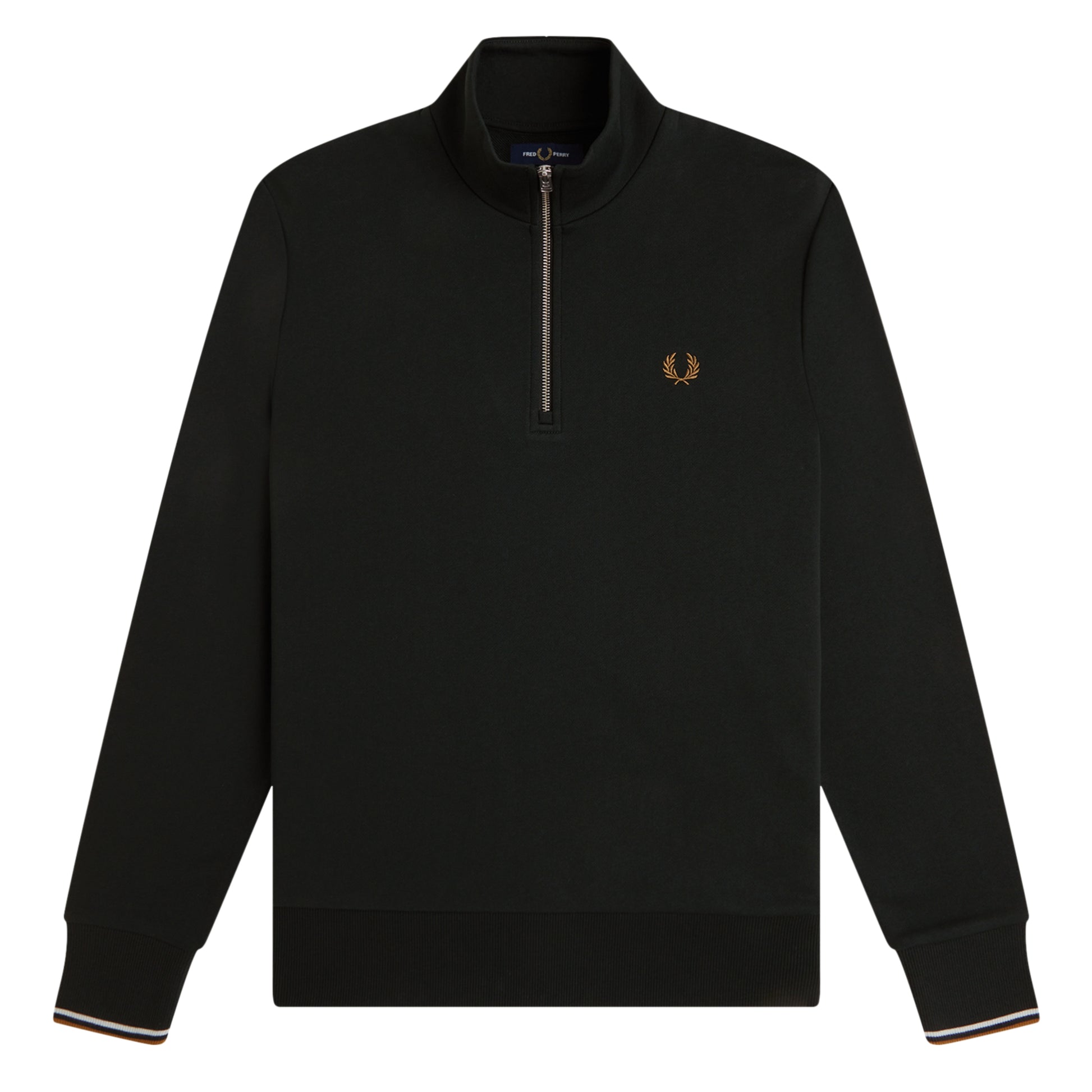Sweat com meio-fecho Fred Perry Half Zip Sweatshirt em Night Green — produto sem modelo, vista frontal, meio-fecho fechado, bordado Laurel Wreath em Dark Caramel no peito esquerdo, twin tipping Dusky Blue/Dark Caramel nos punhos e parte inferior.