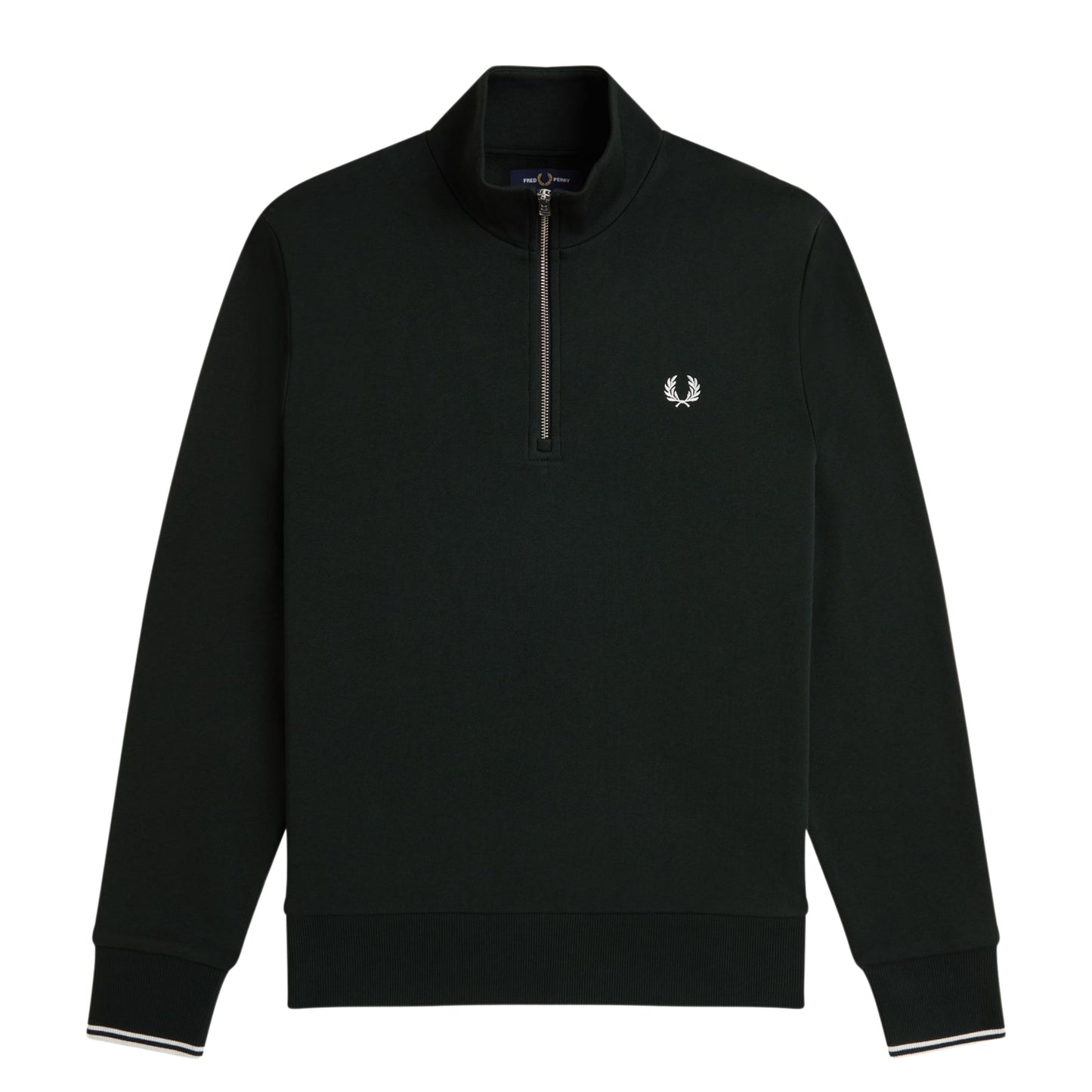 Sweat half zip Fred Perry em Night Green/Snow White. Foto da parte da frente.