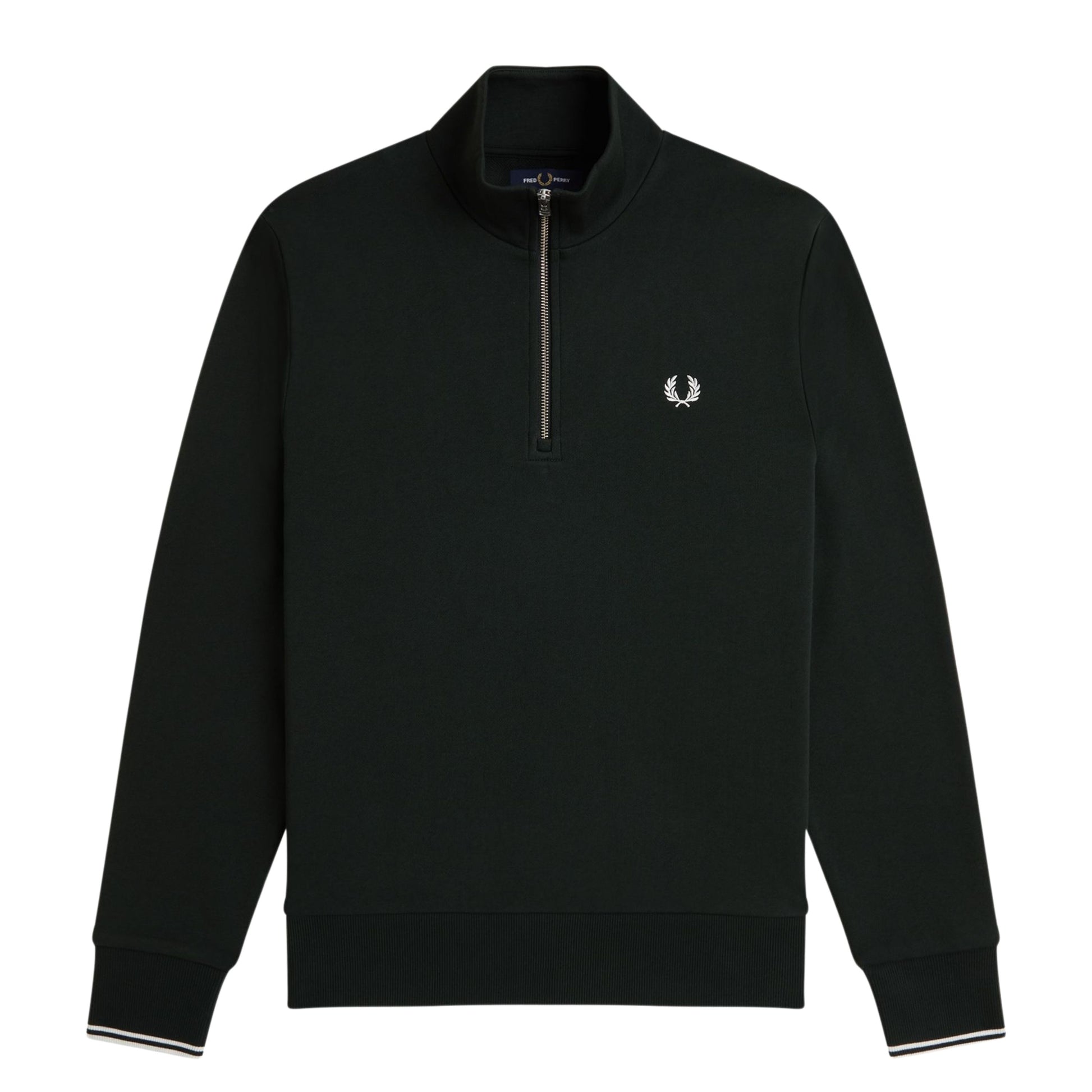Sweat half zip Fred Perry em Night Green/Snow White. Foto da parte da frente.