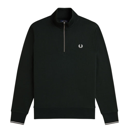 Sweat half zip Fred Perry em Night Green/Snow White. Foto da parte da frente.