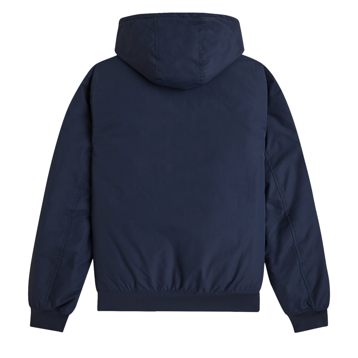 Casaco com carapuço para homem Fred Perry Hooded Brentham Jacket em Dark Airforce — flat lay de costas, casaco azul-marinha escuro, capuz volumoso, costas lisas sem gráfico, barra elástica canelada, fundo branco.