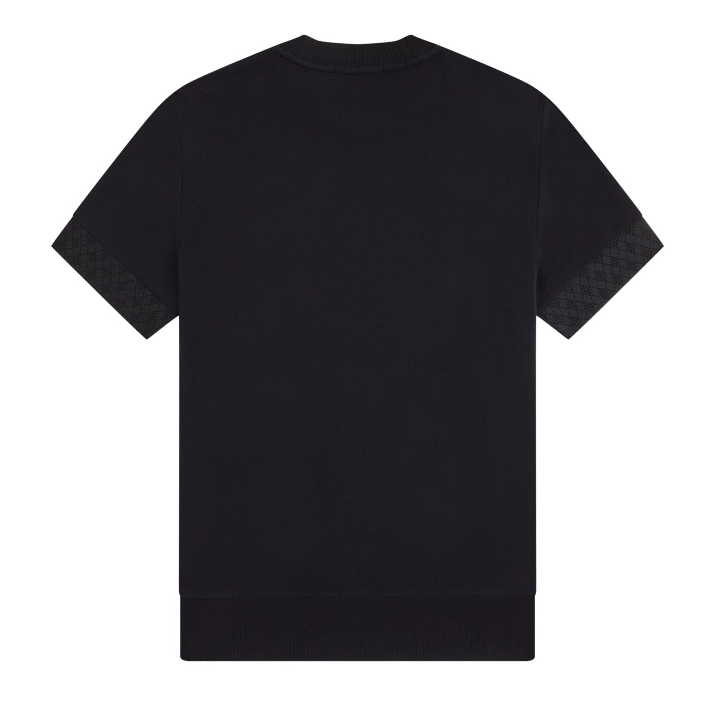 T-shirt Fred Perry Jacquard Cuff T-Shirt em Black — detalhe do acabamento jacquard tonal no punho, textura do algodão jersey visível.