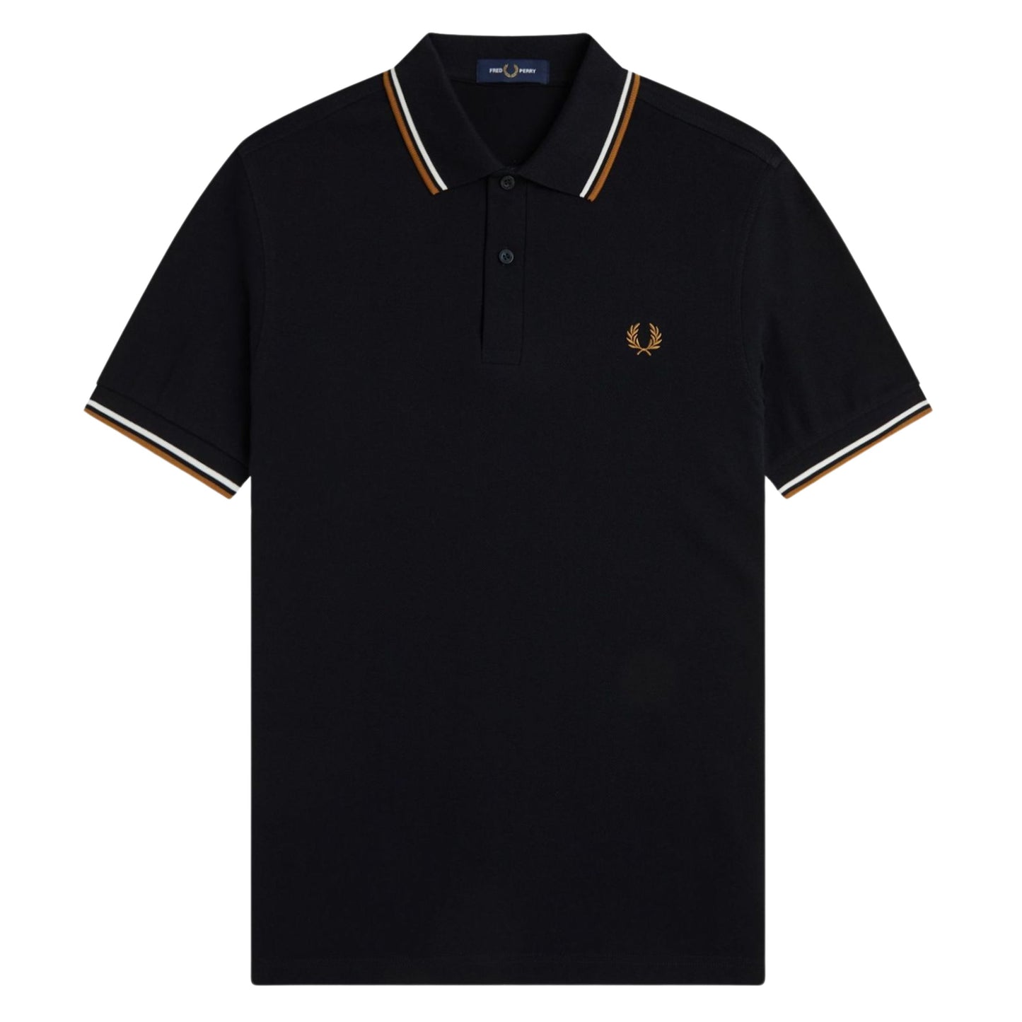 Polo de manga curta para homem Fred Perry M3600 em Black/Ecru/Dark Caramel. Foto da parte da frente.
