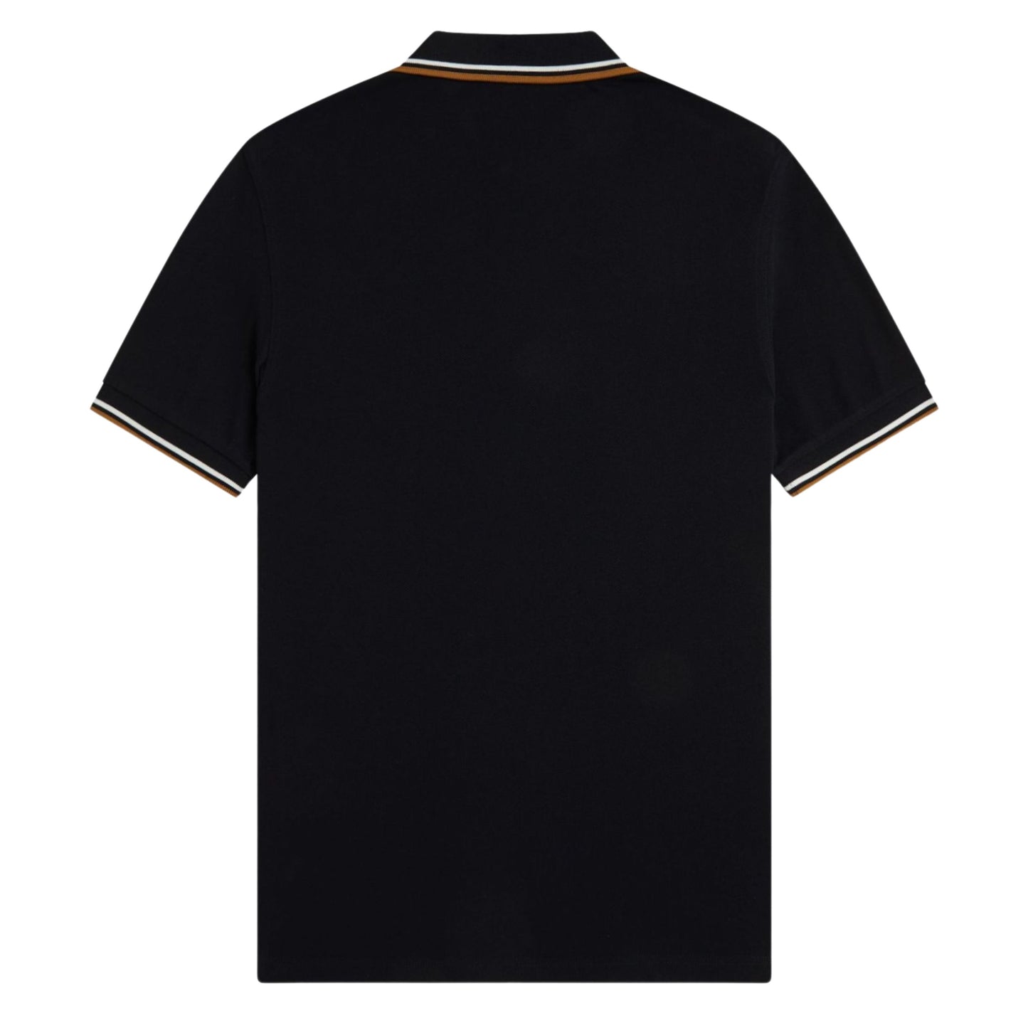 Polo de manga curta para homem Fred Perry M3600 em Black/Ecru/Dark Caramel. Foto da parte de trás.