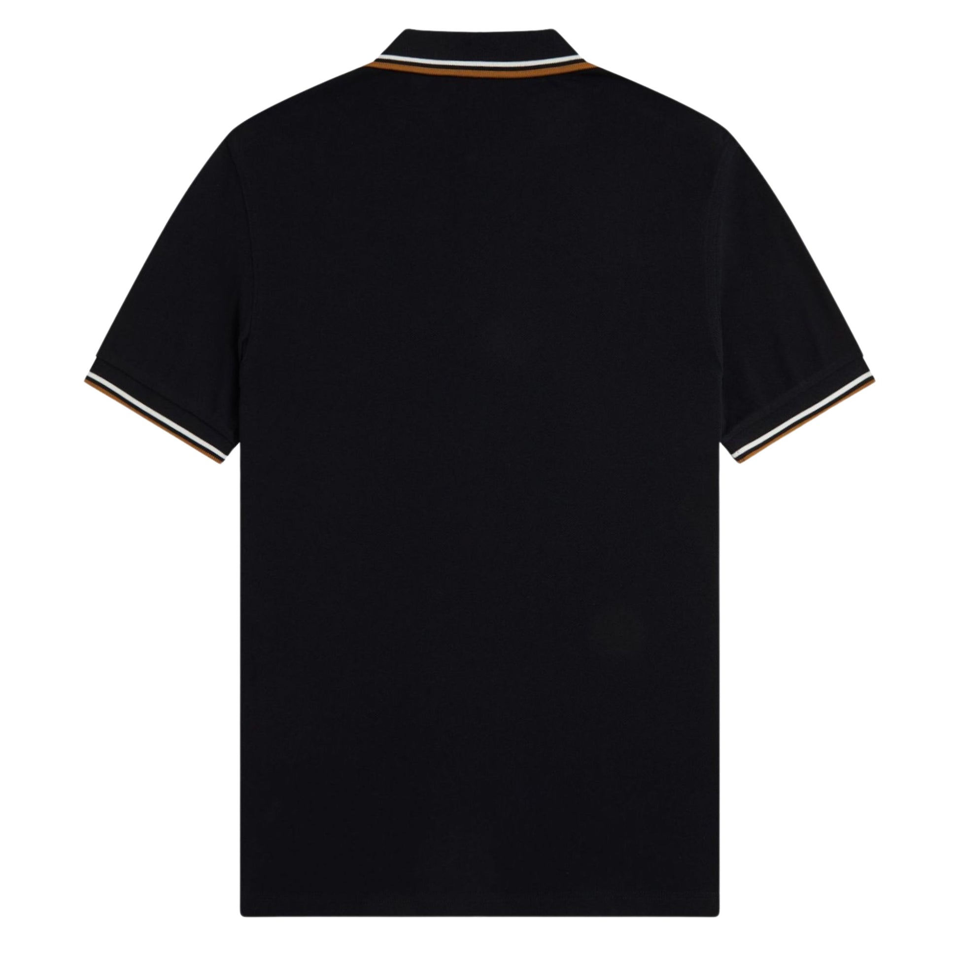 Polo de manga curta para homem Fred Perry M3600 em Black/Ecru/Dark Caramel. Foto da parte de trás.