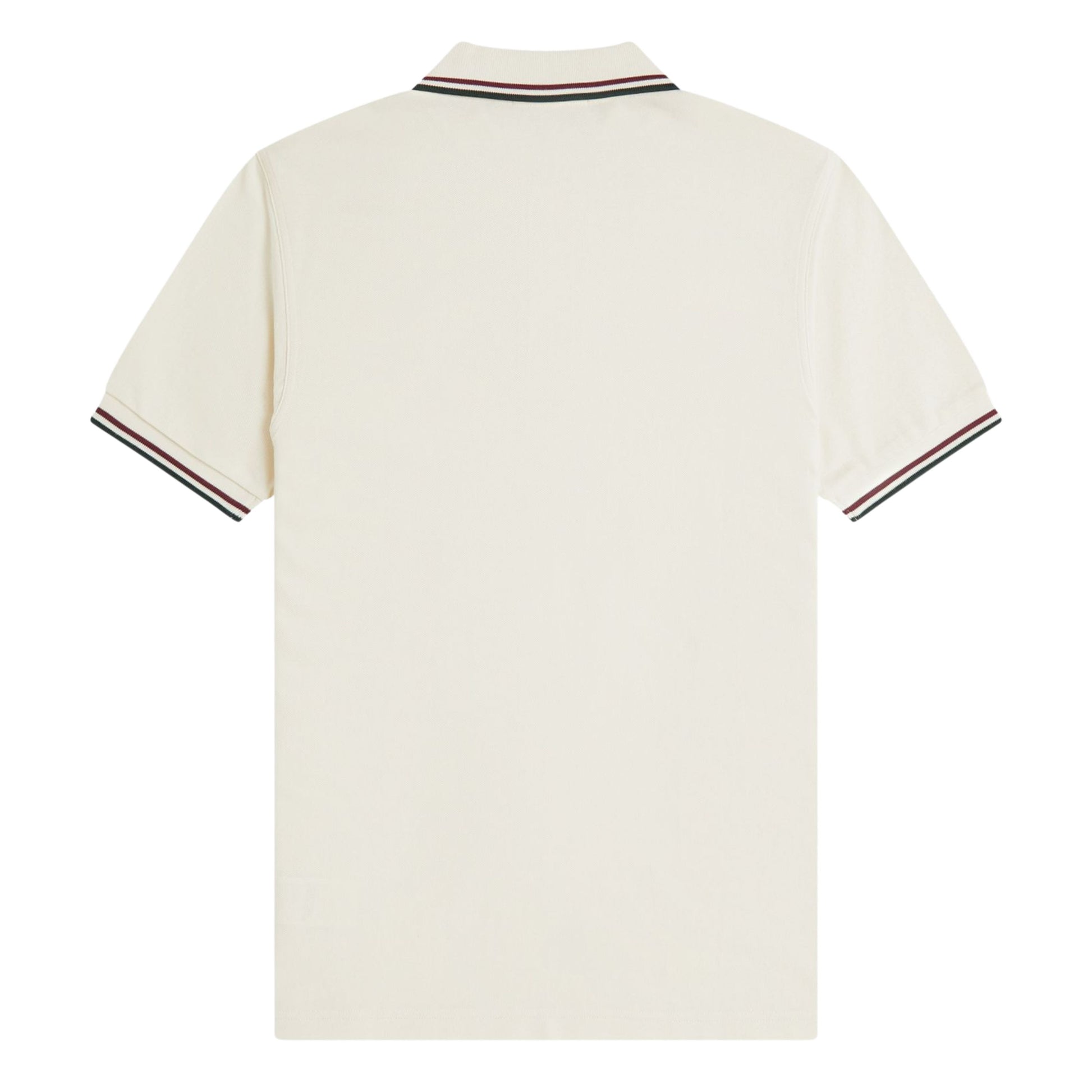 Polo de manga curta para homem Fred Perry M3600 em Ecru/Oxblood/Grassroots. Foto da parte de trás.