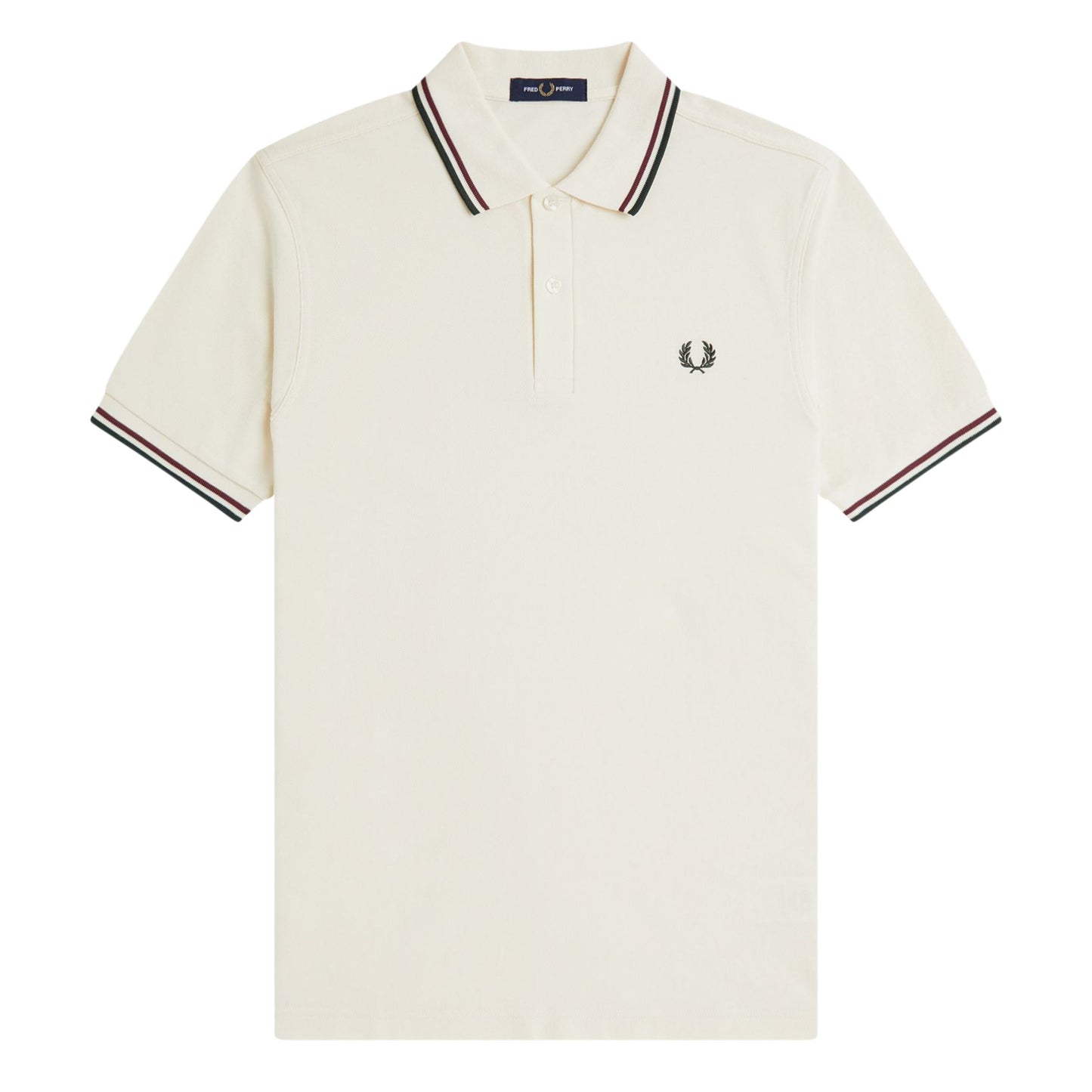 Polo de manga curta para homem Fred Perry M3600 em Ecru/Oxblood/Grassroots. Foto da parte da frente.