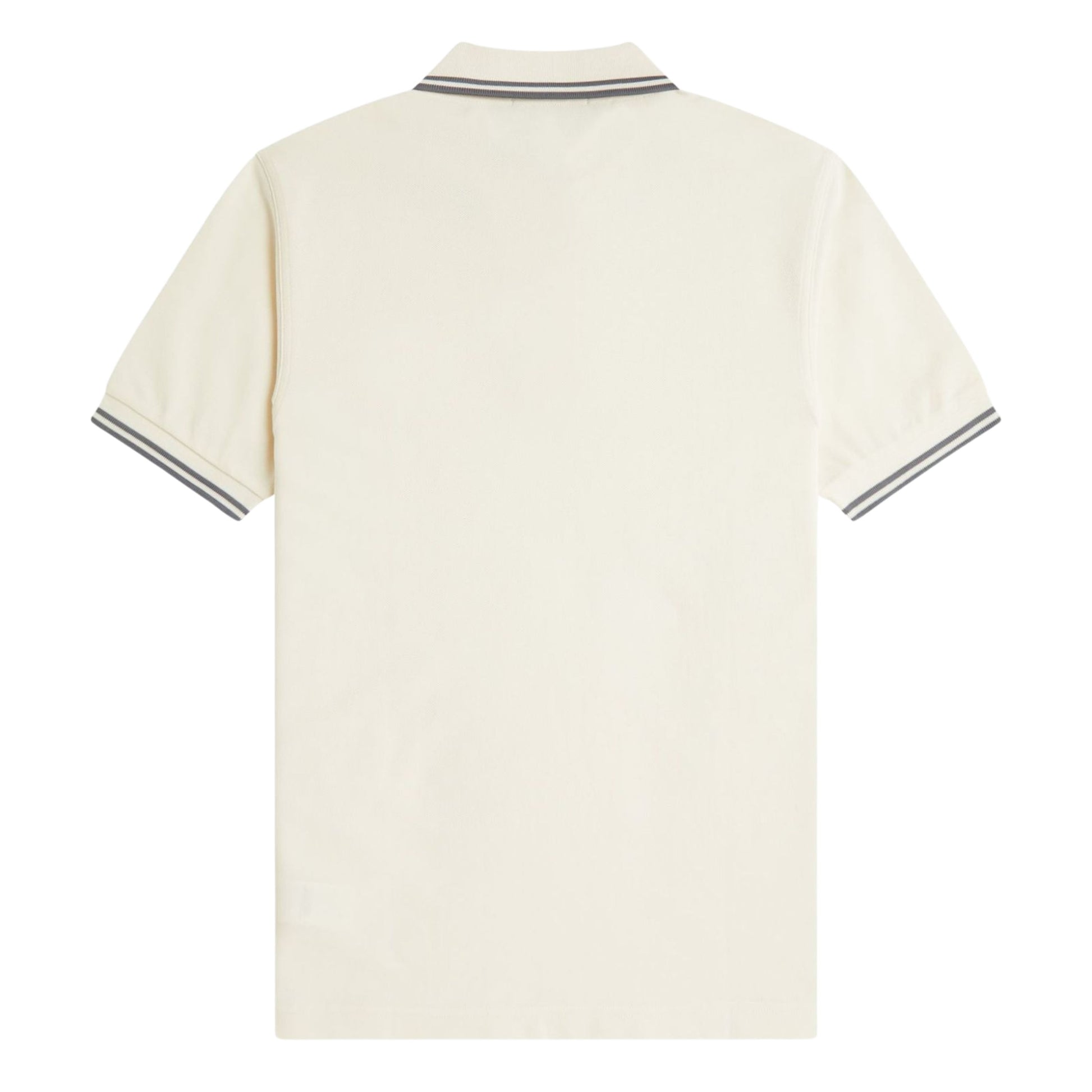Polo de manga curta para homem Fred Perry M3600 em Ecru/Azul Stockport. Foto da parte de trás.