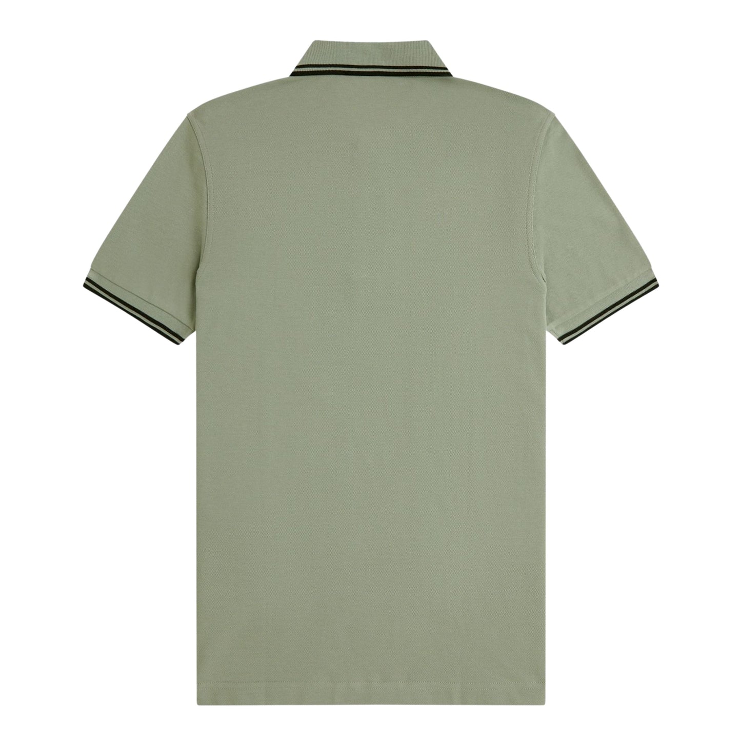 Polo de manga curta para homem Fred Perry M3600 em Seagrass/Preto/Preto. Foto da parte de trás.