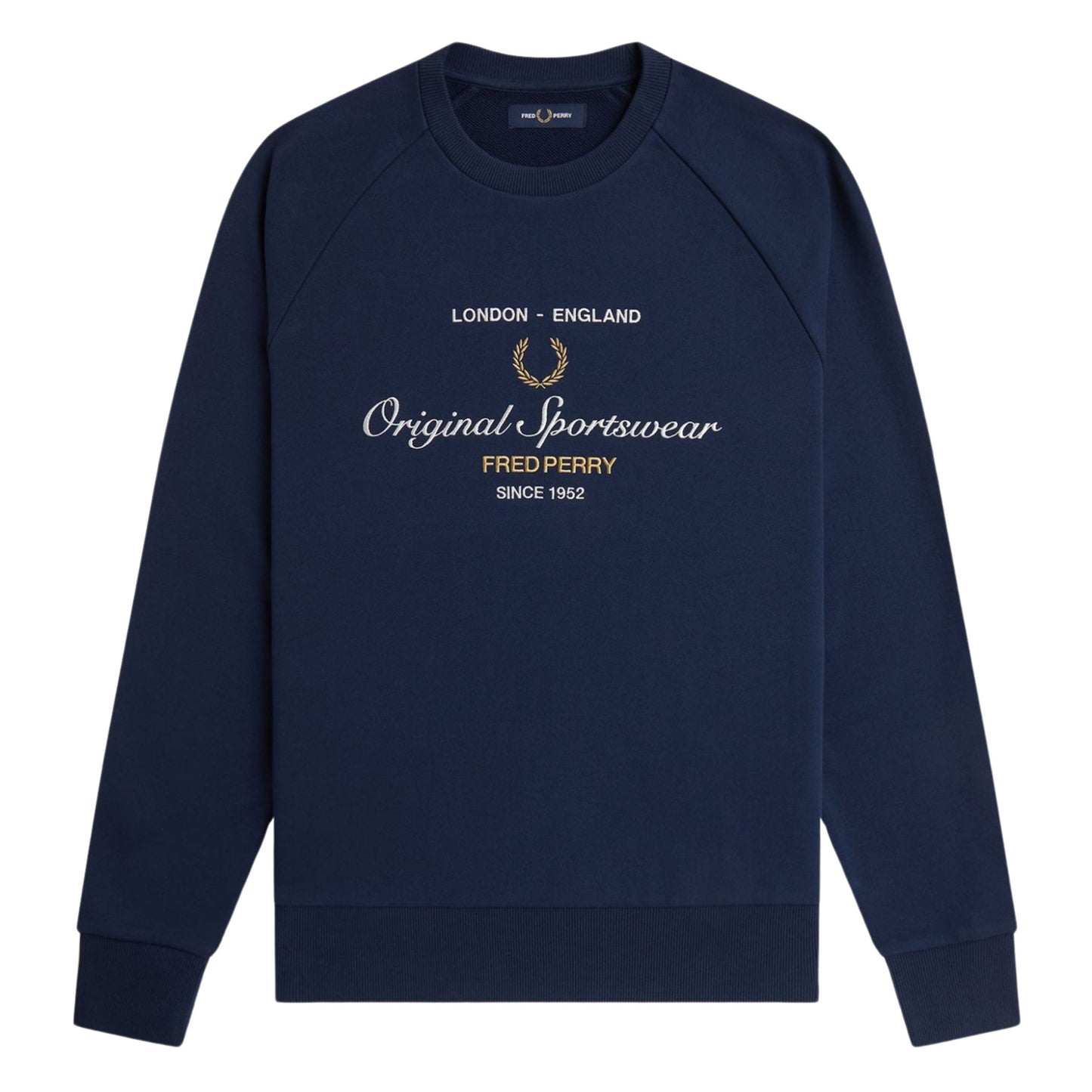 Sweat para homem Fred Perry Original Sportswear em Azul Tennis. Foto da parte da frente.