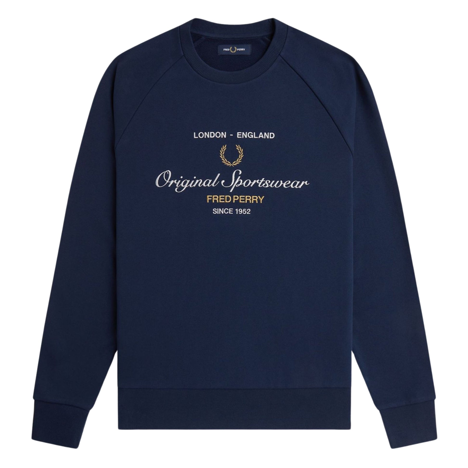 Sweat para homem Fred Perry Original Sportswear em Azul Tennis. Foto da parte da frente.