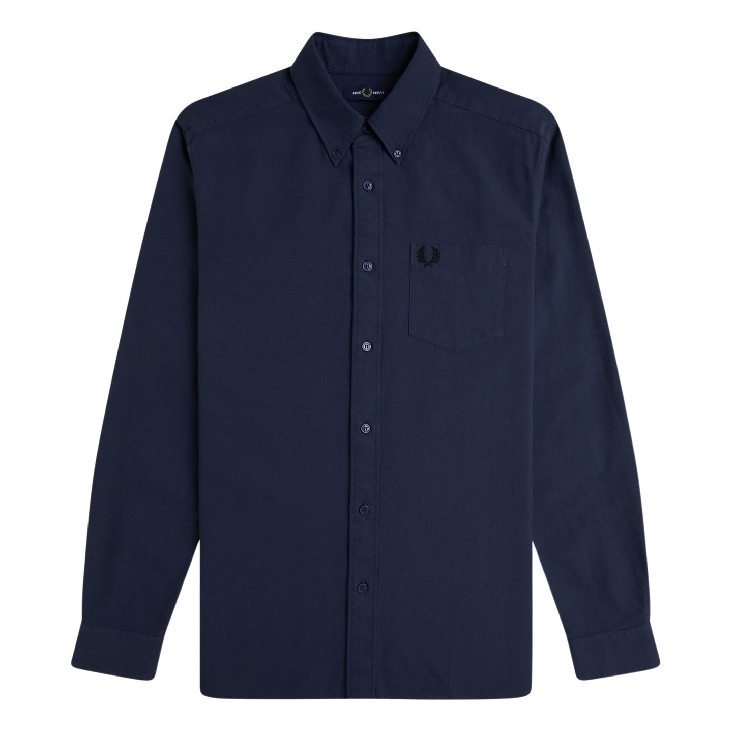 Camisa de manga comprida para homem Fred Perry Oxford em Dark Airforce. Foto da parte da frente.