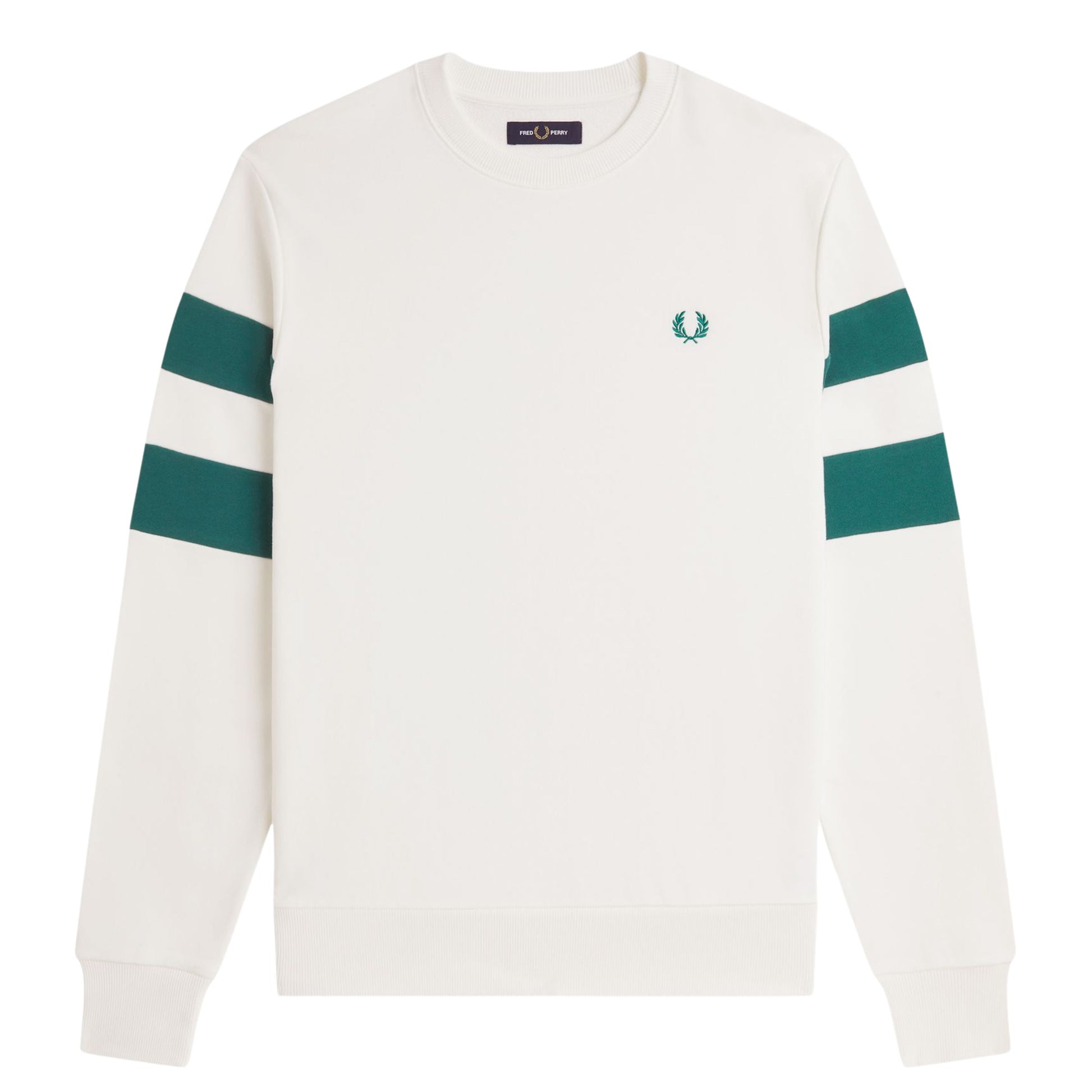 Sweat para homem Fred Perry Peach Tipped Sleeve em Branco Neve. Foto da parte da frente.