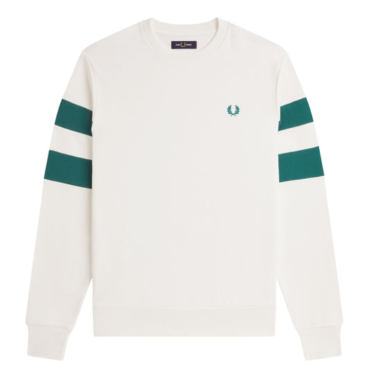 Sweat para homem Fred Perry Peach Tipped Sleeve em Branco Neve. Foto da parte da frente.