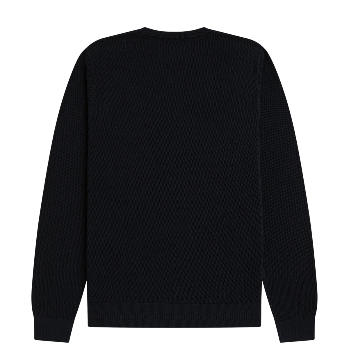 Camisola de malha para homem Fred Perry Pique Stitch Jumper em Navy — flat lay de costas, malha piqué azul-marinha escura, gola redonda canelada, costas lisas sem gráfico, textura piqué do algodão bem visível, mangas compridas com punhos canelados, barra canelada, fundo branco.