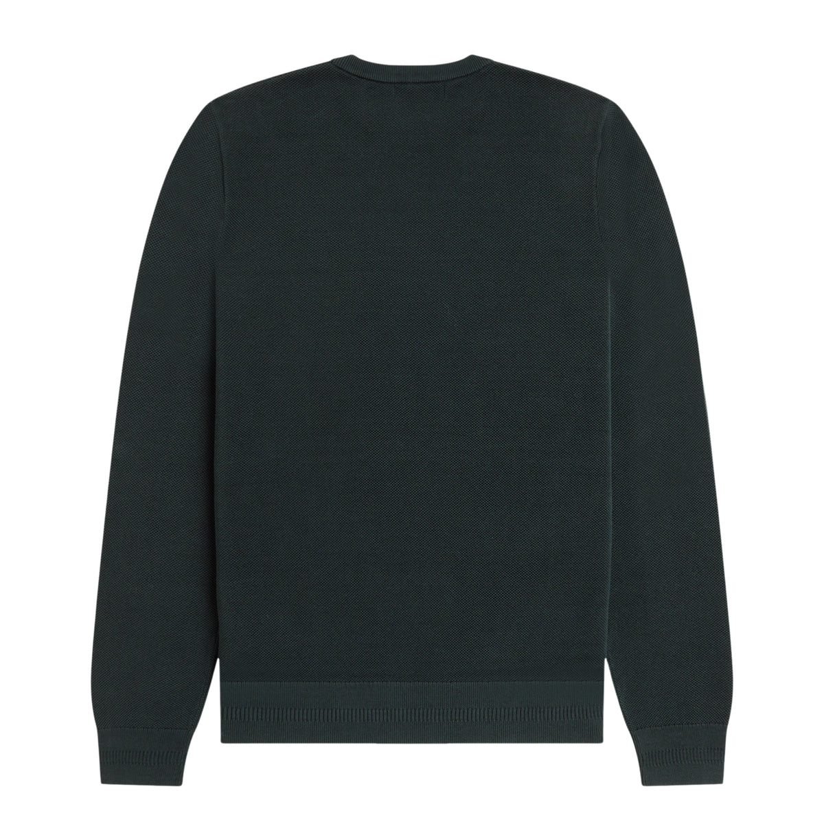 Camisola de malha para homem Fred Perry Pique Stitch Jumper em Night Green — flat lay de costas, malha piqué verde-escuro Night Green, gola redonda canelada, costas lisas sem gráfico, textura piqué do algodão bem visível, mangas compridas com punhos canelados, barra canelada, fundo branco.