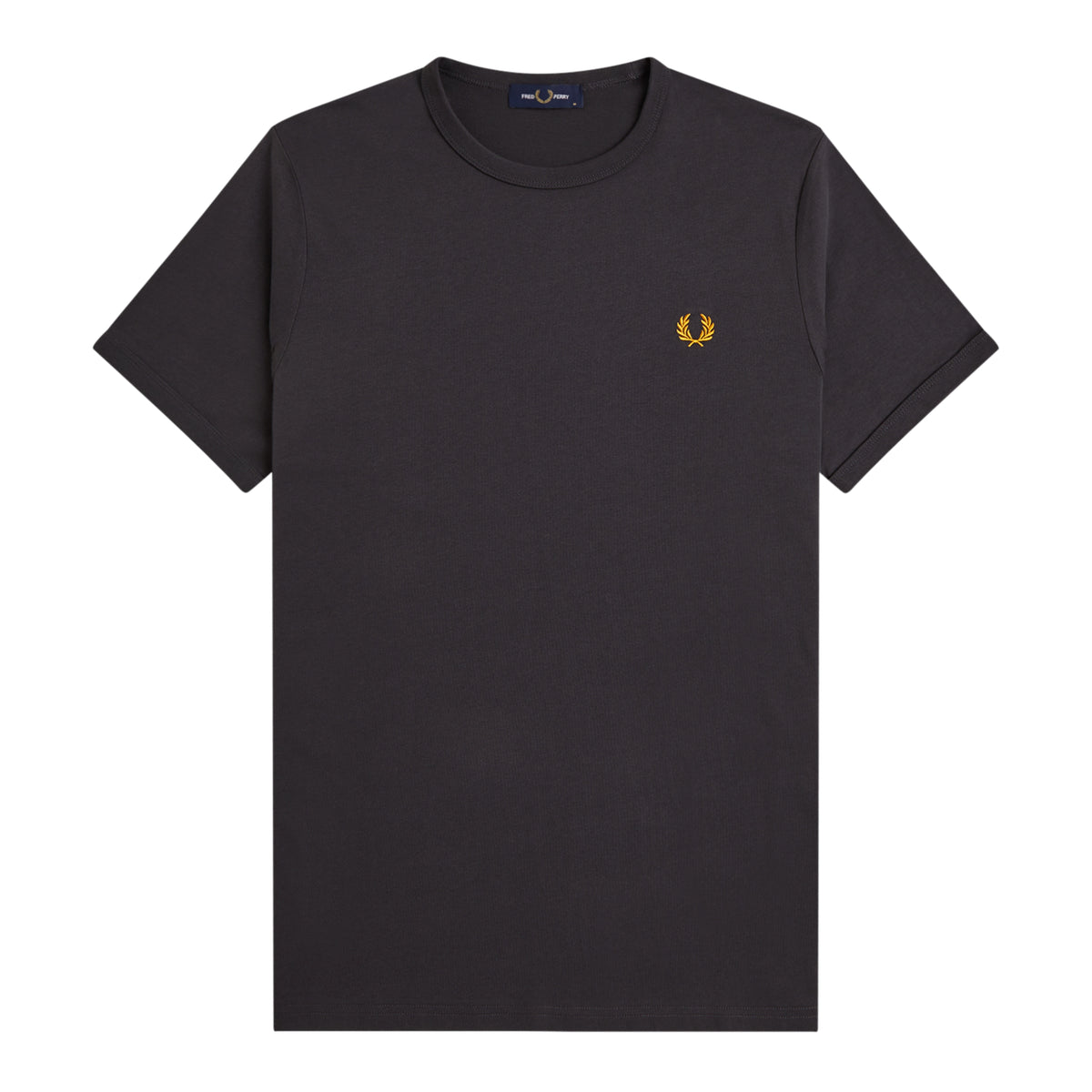 T-shirt de manga curta para homem Fred Perry Ringer T-Shirt em Anchor Grey — flat lay de frente, jersey cinzento carvão Anchor Grey, gola redonda canelada em contraste escuro, logo laurel wreath bordado a dourado no peito esquerdo, etiqueta Fred Perry azul-marinho na gola, manga curta com punho dobrado, barra direita, fundo branco.
